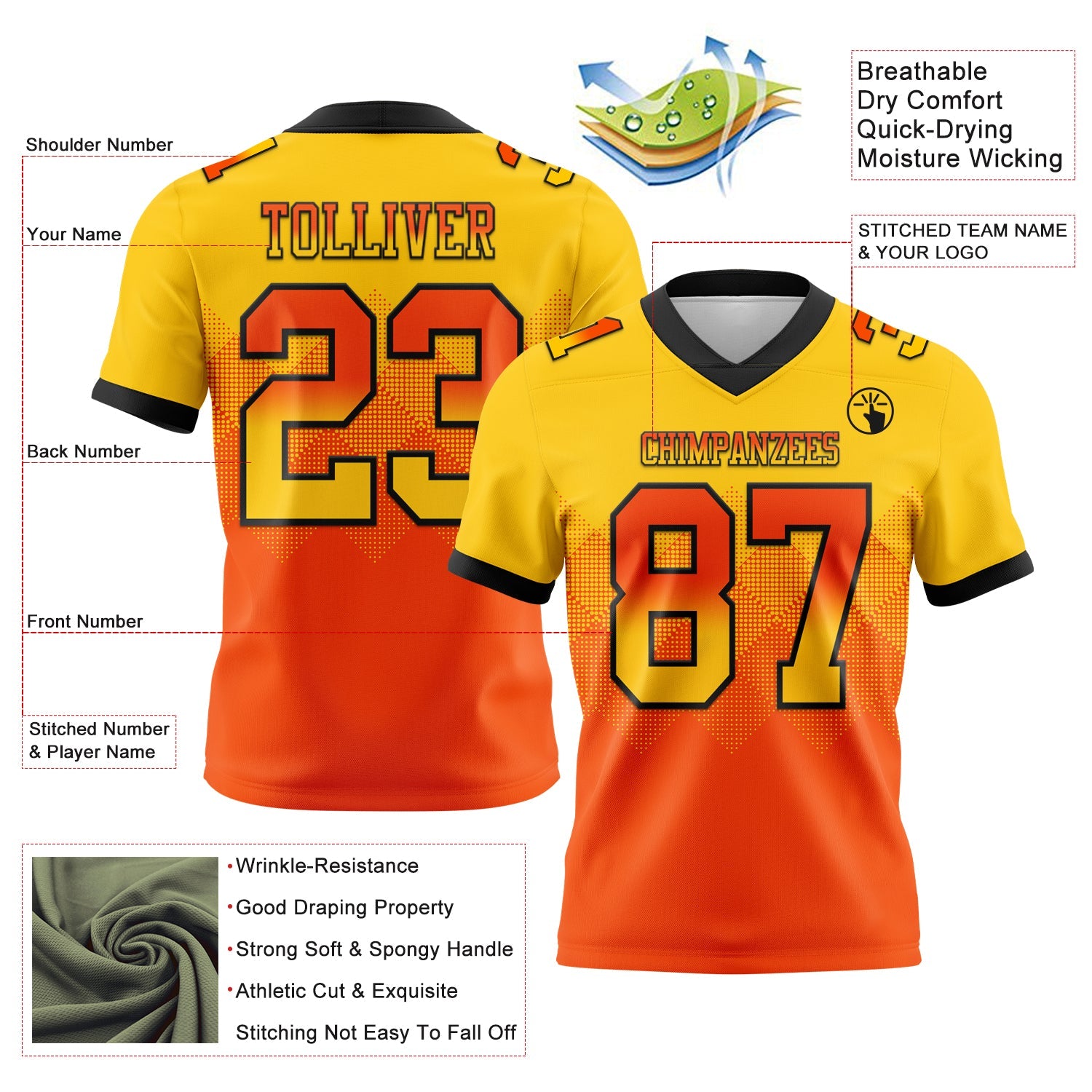 Custom Yellow Orange-Black Authentic Gradient Square Shape 7V7 Flag Football Jersey view 2