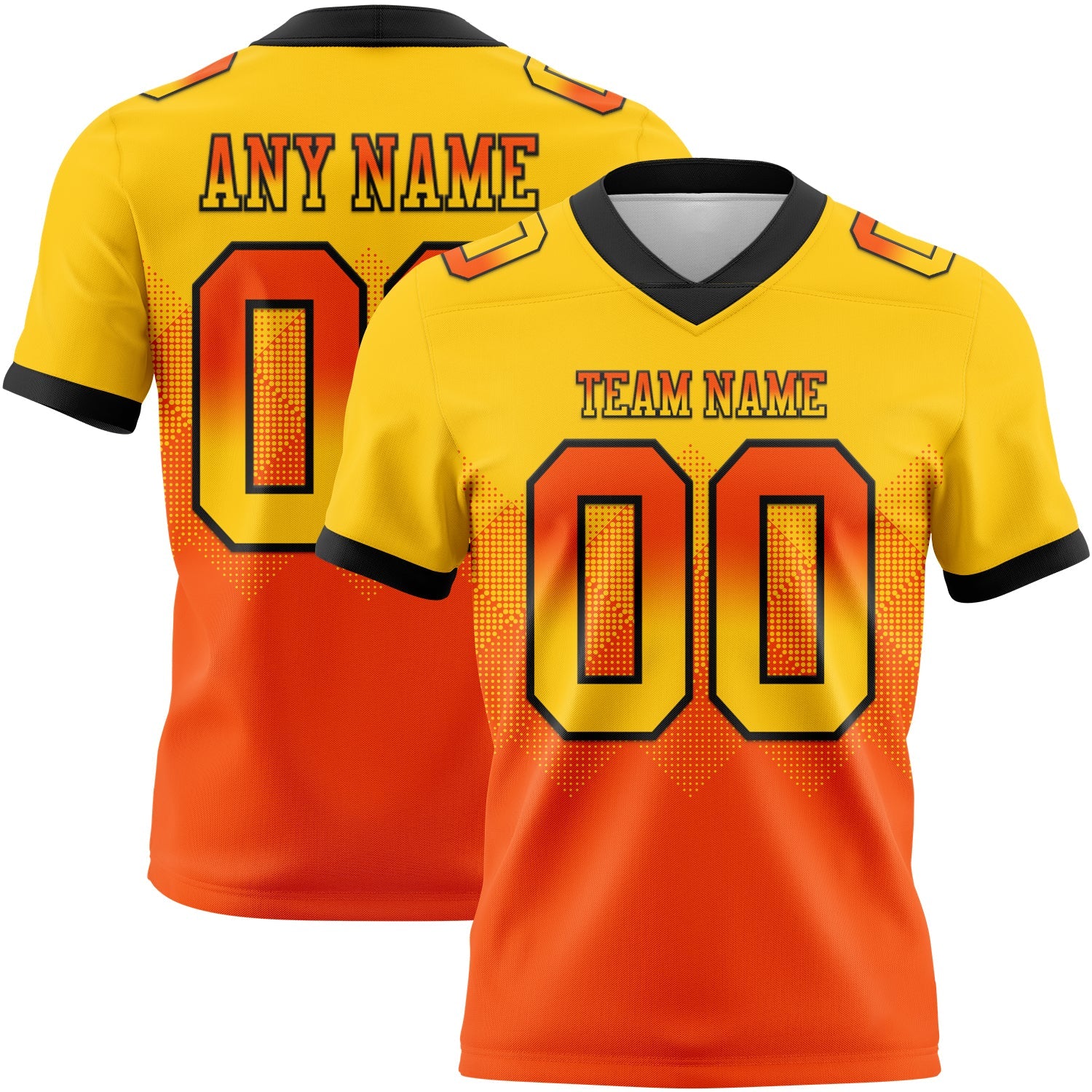 Custom Yellow Orange-Black Authentic Gradient Square Shape 7V7 Flag Football Jersey - Main View