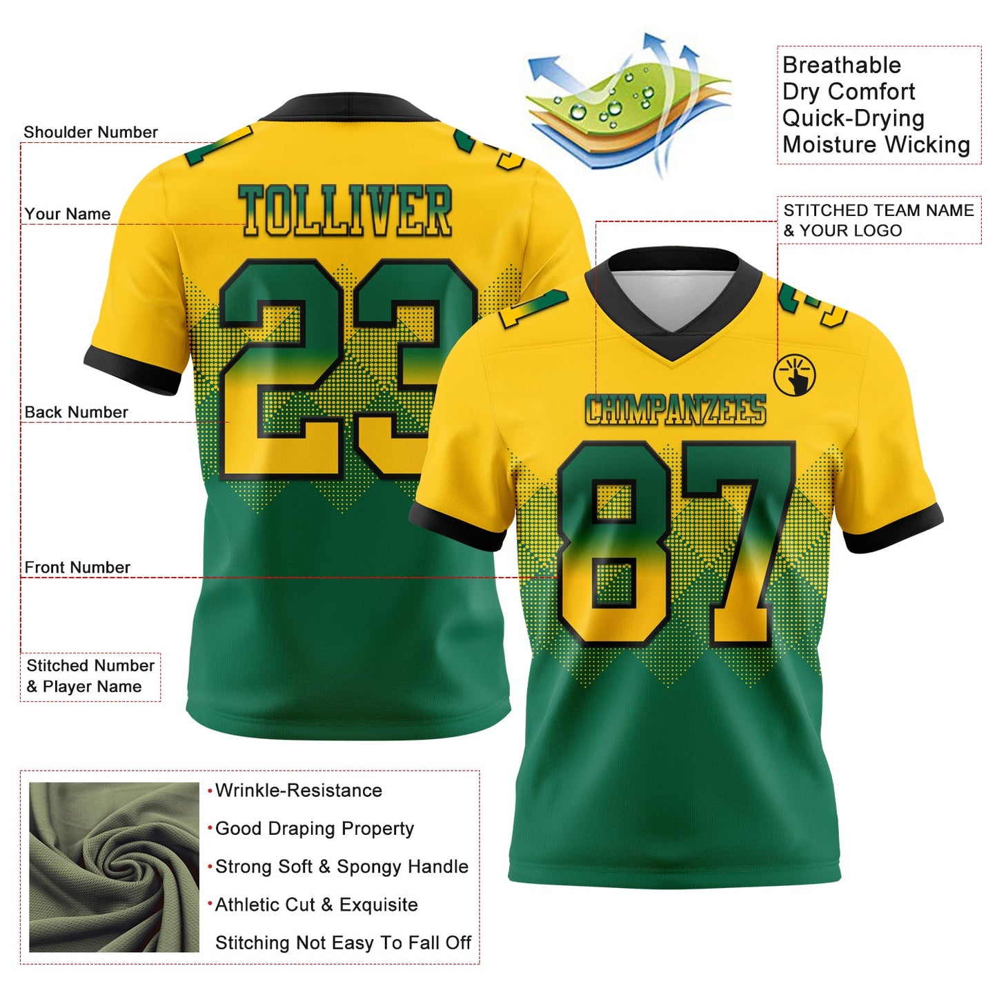 Custom Yellow Kelly Green-Black Authentic Gradient Square Shape 7V7 Flag Football Jersey view 2