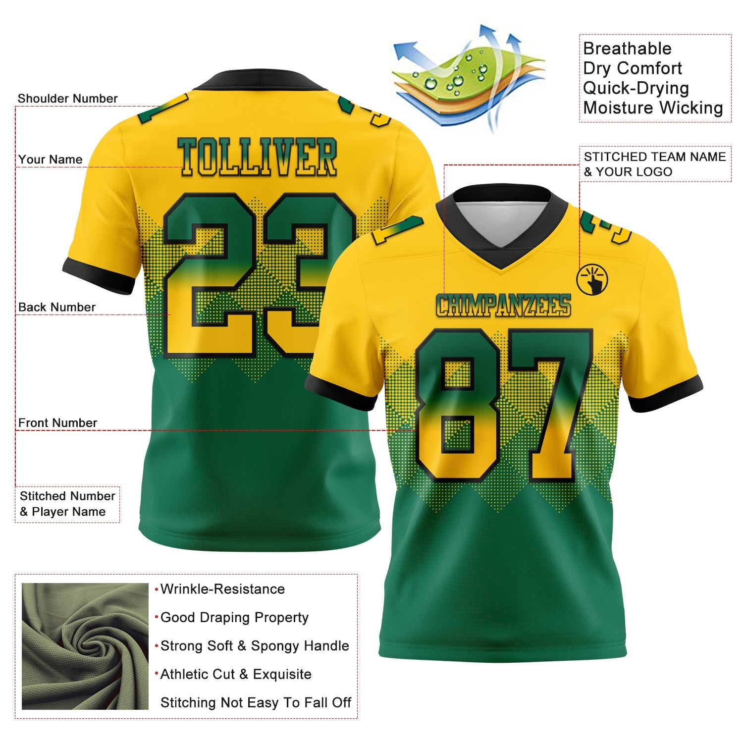 Custom Yellow Kelly Green-Black Authentic Gradient Square Shape 7V7 Flag Football Jersey view 2