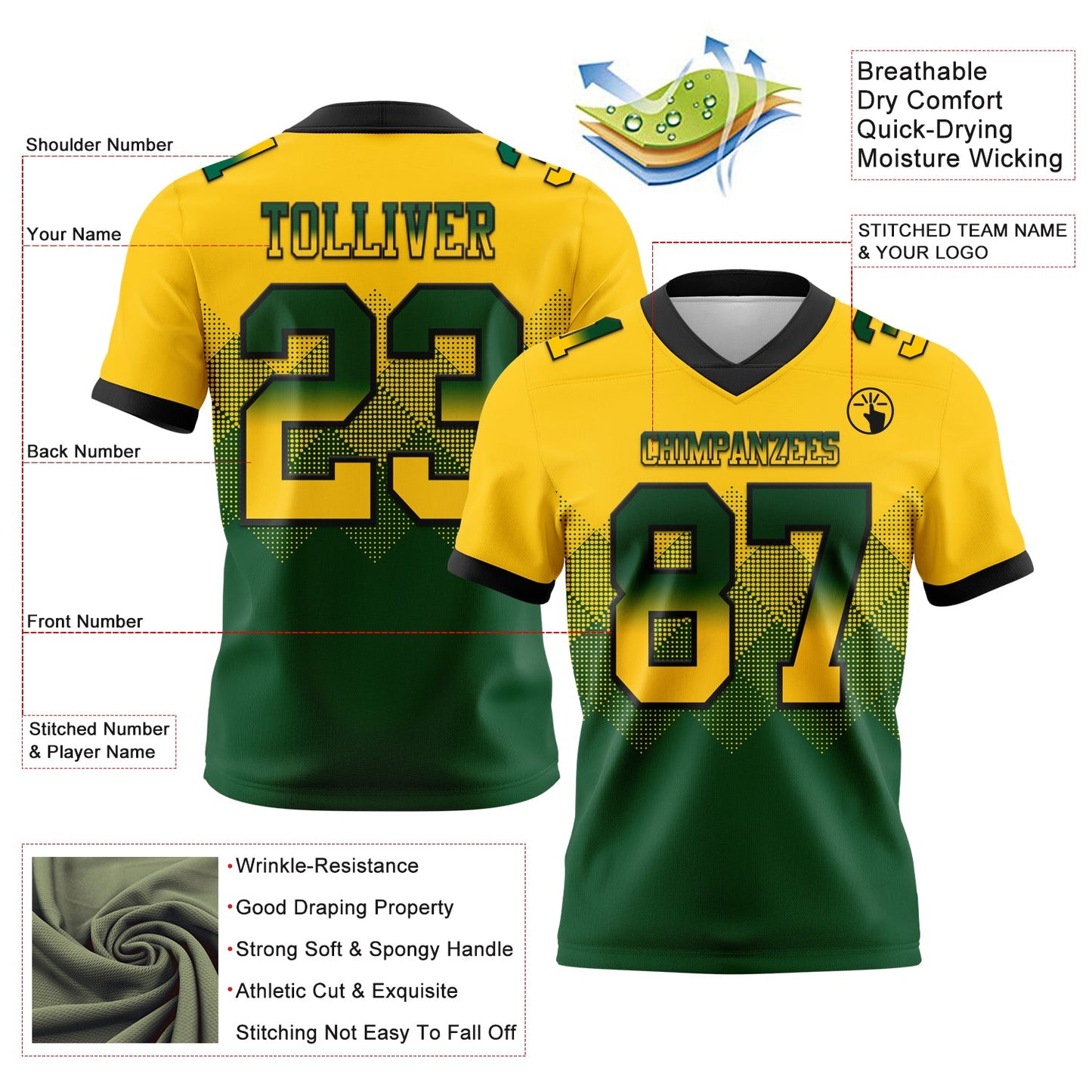 Custom Yellow Green-Black Authentic Gradient Square Shape 7V7 Flag Football Jersey view 2