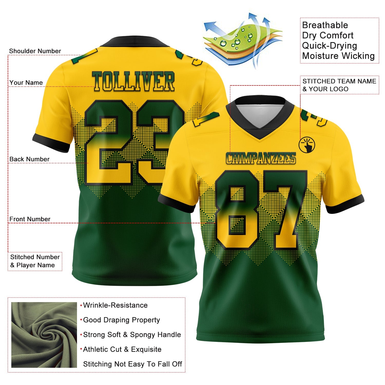 Custom Yellow Green-Black Authentic Gradient Square Shape 7V7 Flag Football Jersey view 2