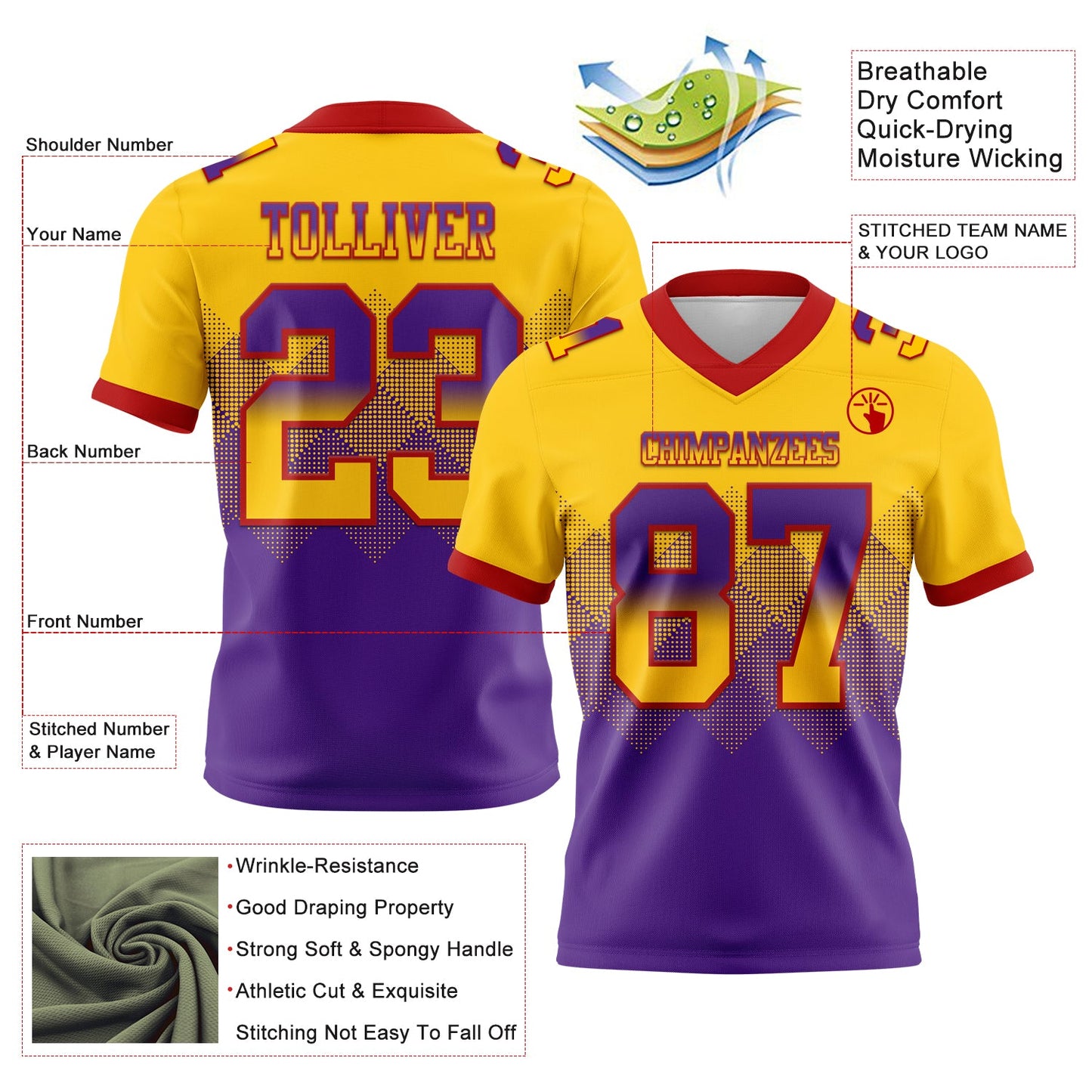 Custom Yellow Purple-Red Authentic Gradient Square Shape 7V7 Flag Football Jersey view 2