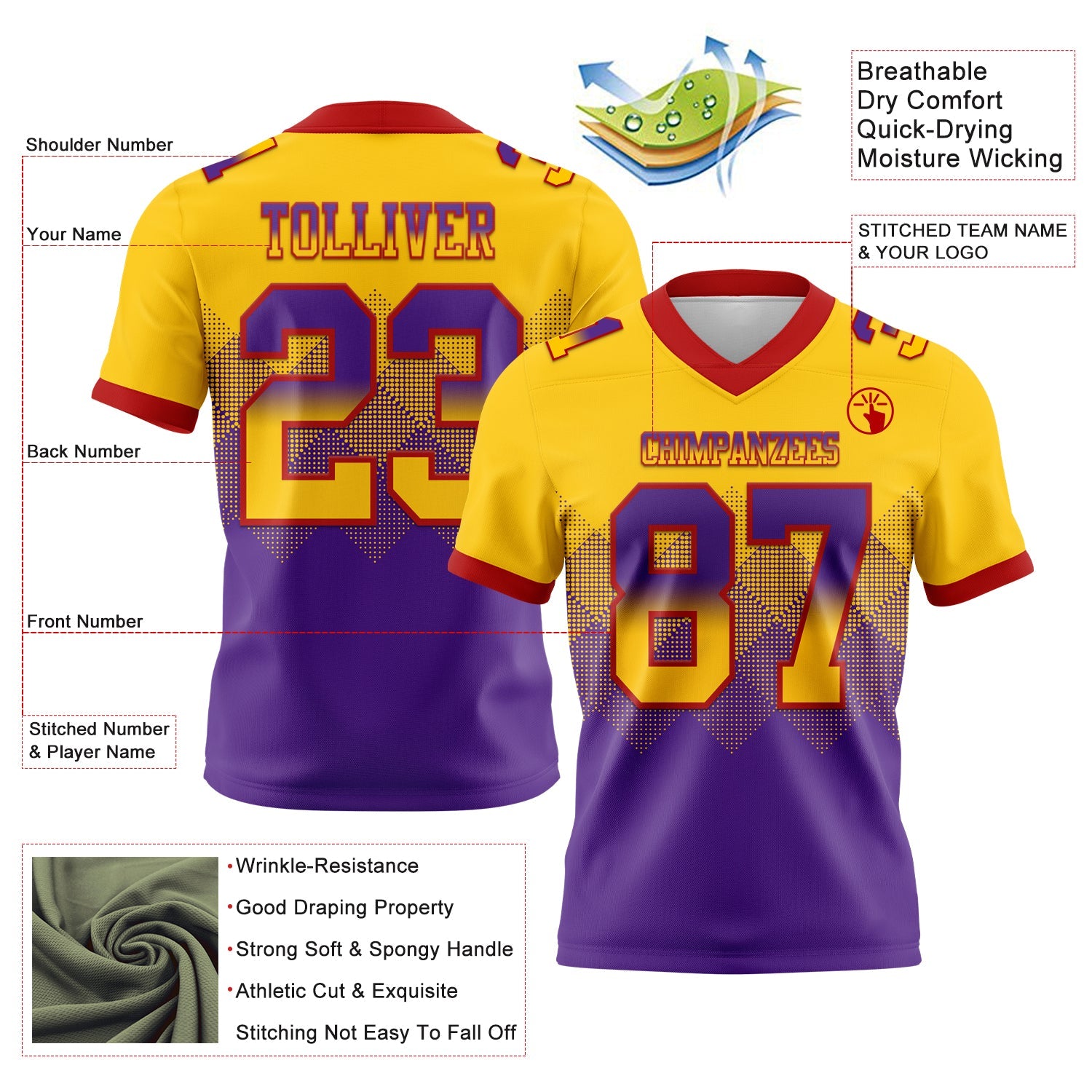 Custom Yellow Purple-Red Authentic Gradient Square Shape 7V7 Flag Football Jersey view 2