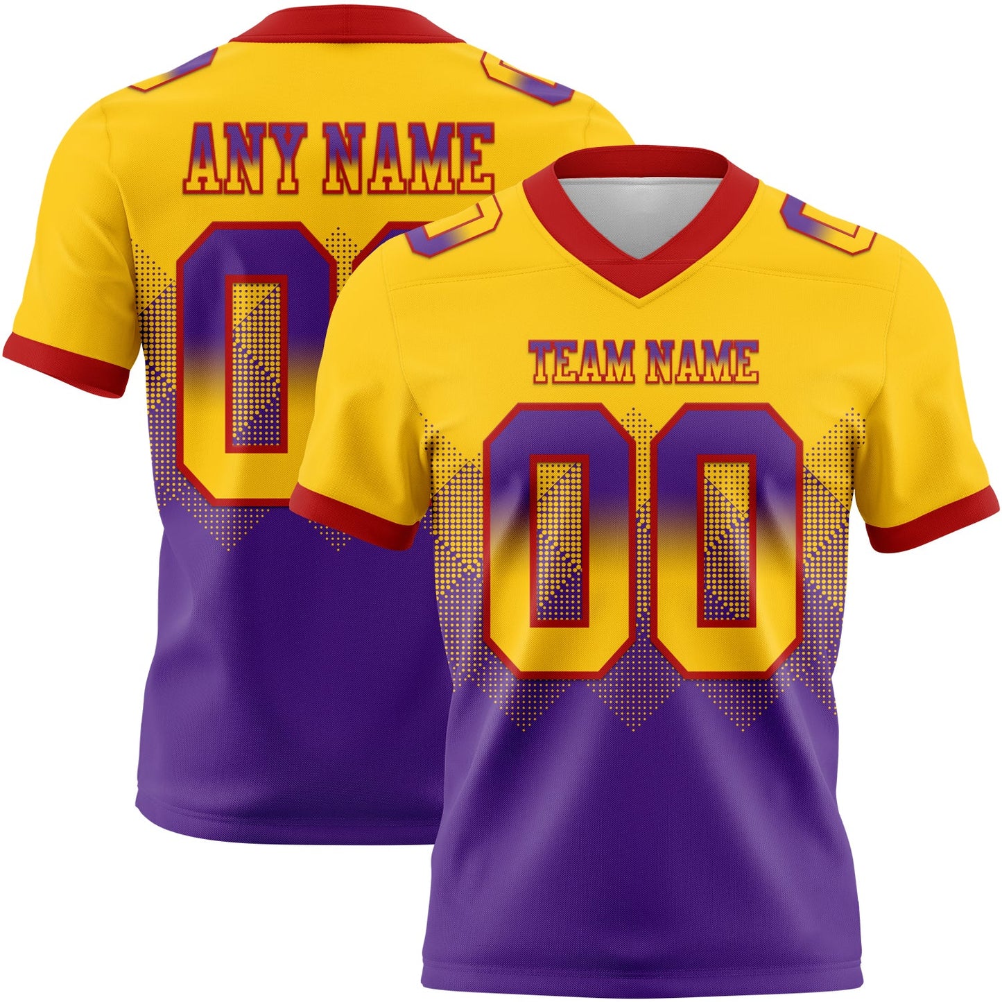 Custom Yellow Purple-Red Authentic Gradient Square Shape 7V7 Flag Football Jersey - Main View