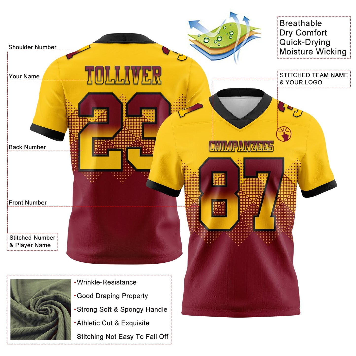 Custom Yellow Crimson-Black Authentic Gradient Square Shape 7V7 Flag Football Jersey view 2