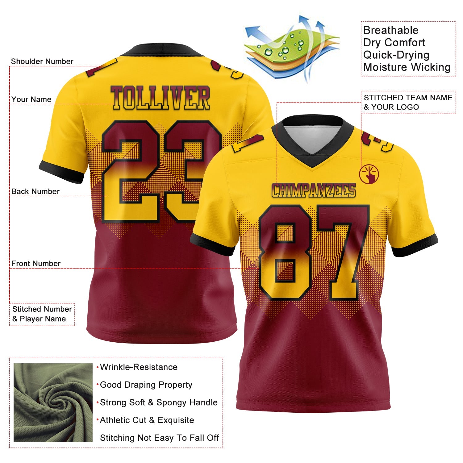 Custom Yellow Crimson-Black Authentic Gradient Square Shape 7V7 Flag Football Jersey view 2