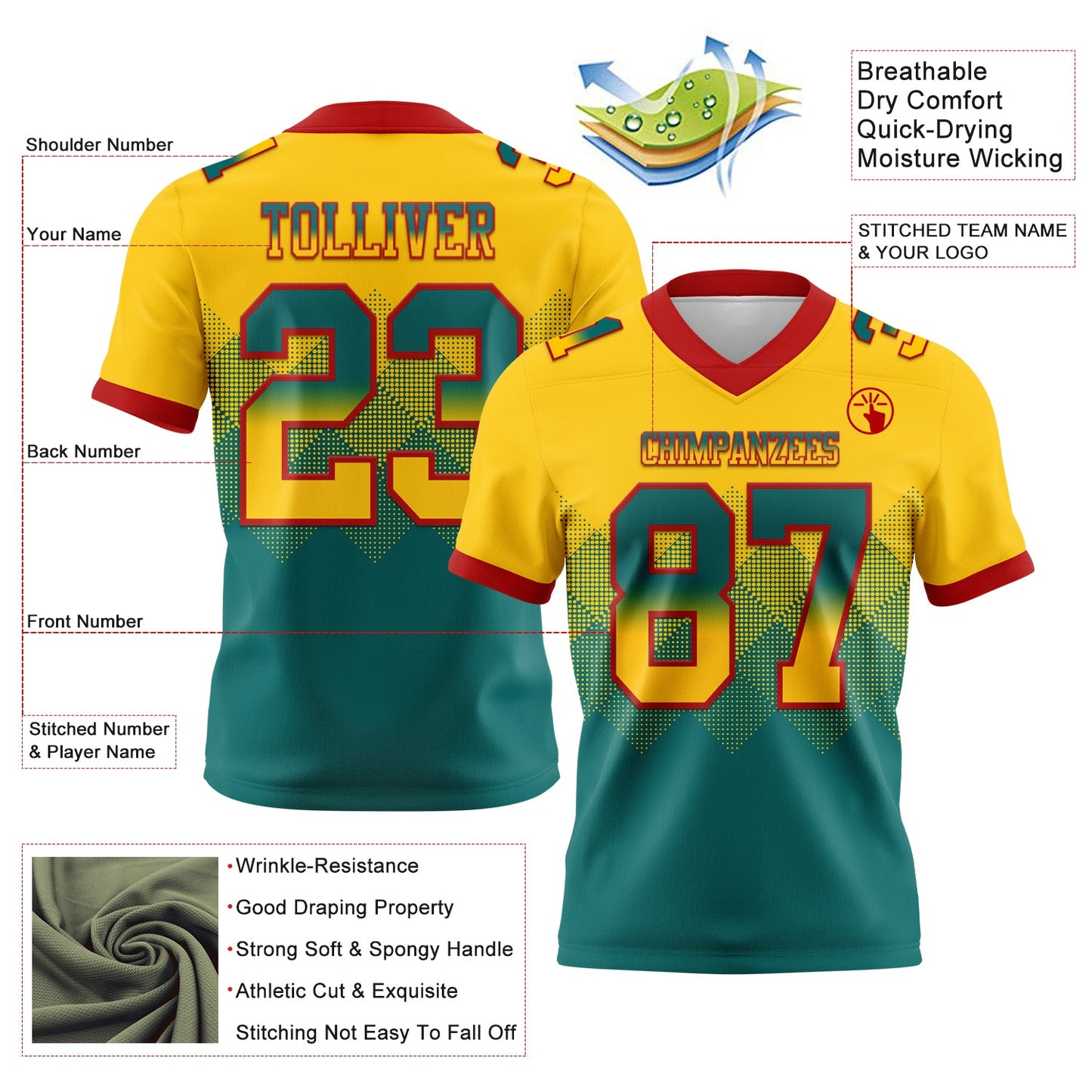 Custom Yellow Teal-Red Authentic Gradient Square Shape 7V7 Flag Football Jersey view 2