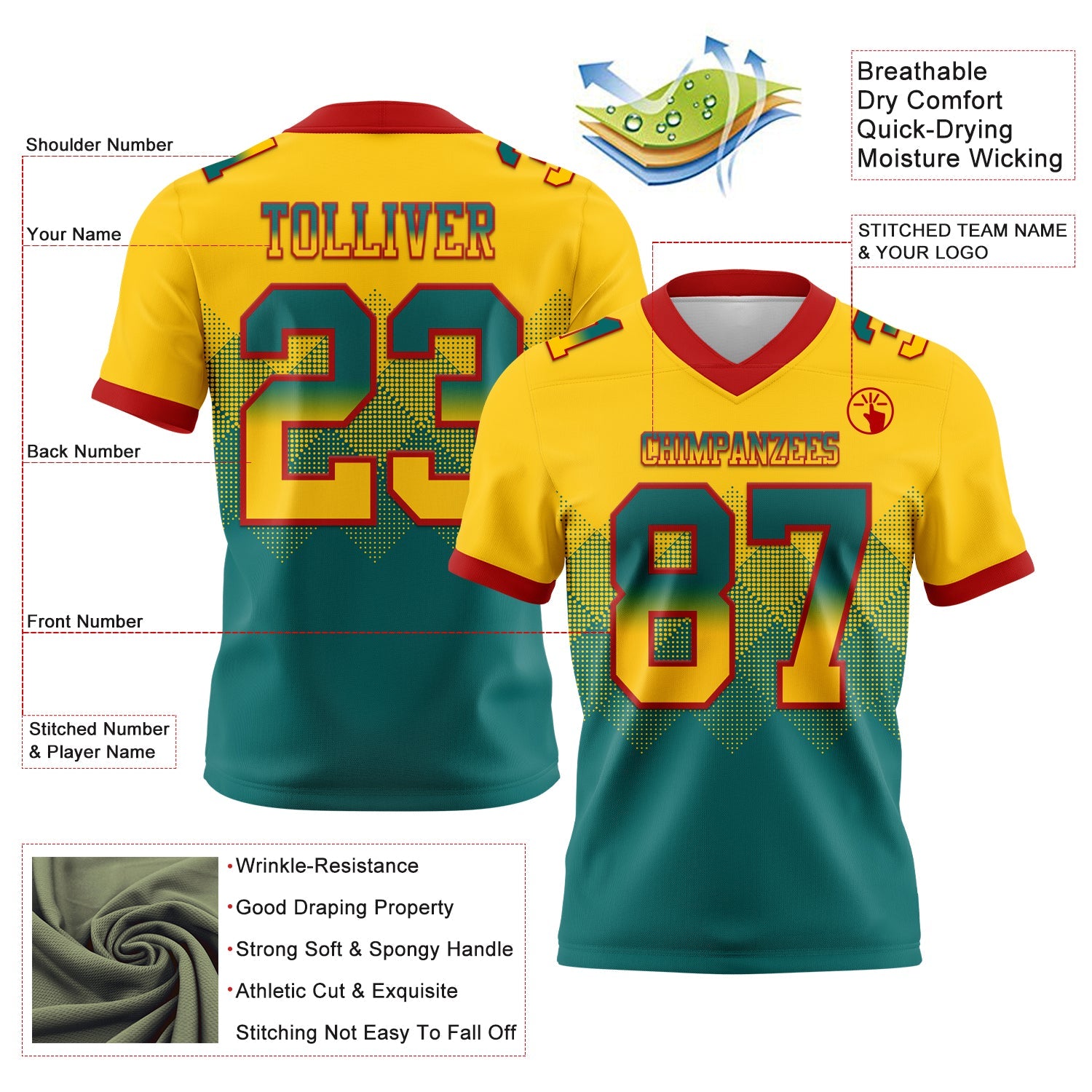 Custom Yellow Teal-Red Authentic Gradient Square Shape 7V7 Flag Football Jersey view 2