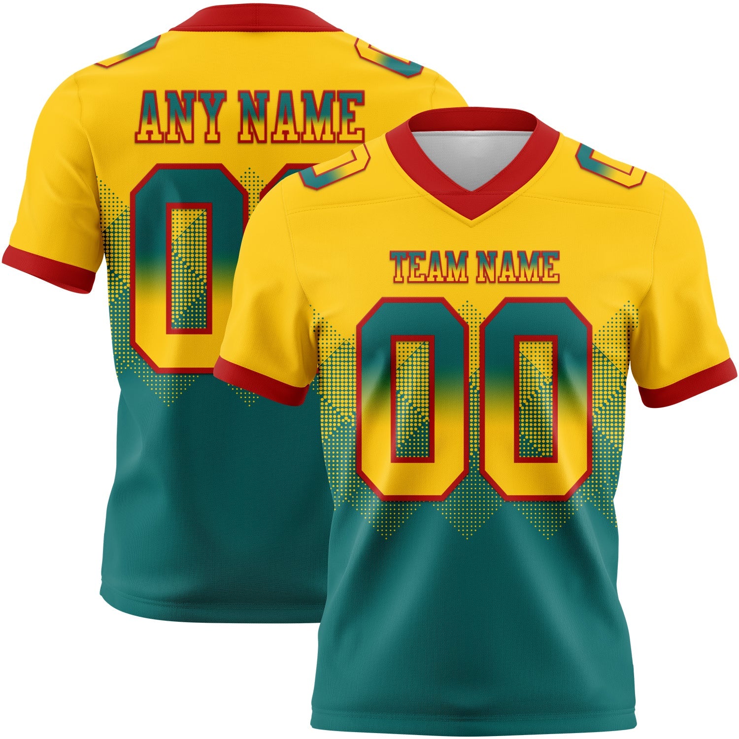 Custom Yellow Teal-Red Authentic Gradient Square Shape 7V7 Flag Football Jersey - Main View