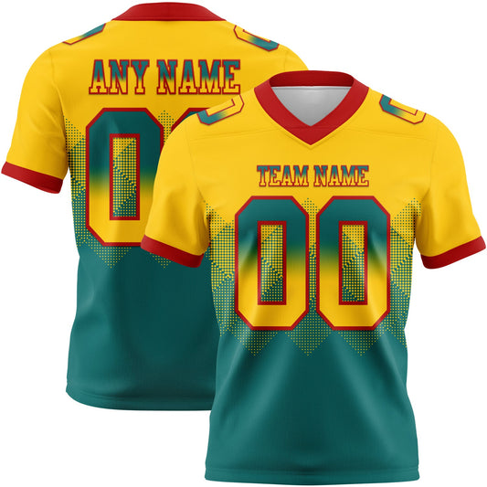 Custom Yellow Teal-Red Authentic Gradient Square Shape 7V7 Flag Football Jersey - Main View