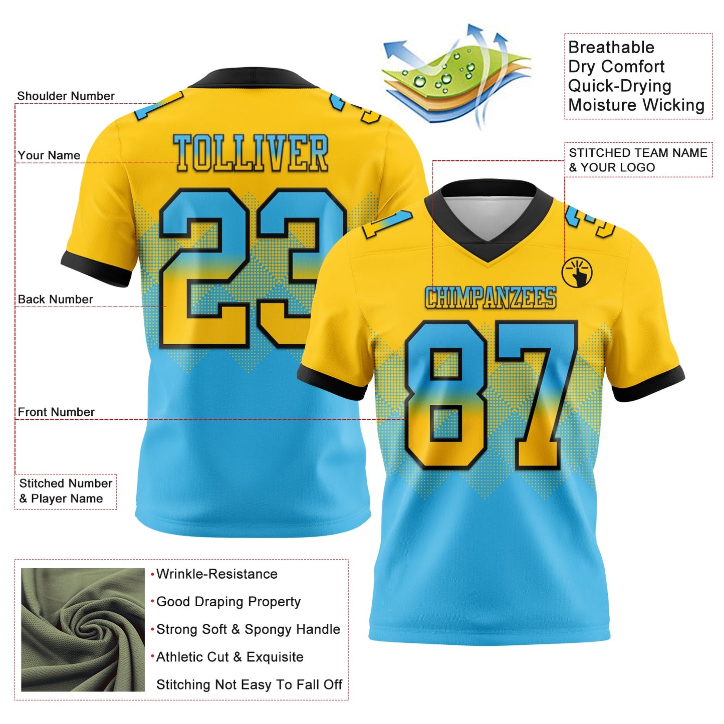 Custom Yellow Sky Blue-Black Authentic Gradient Square Shape 7V7 Flag Football Jersey view 2