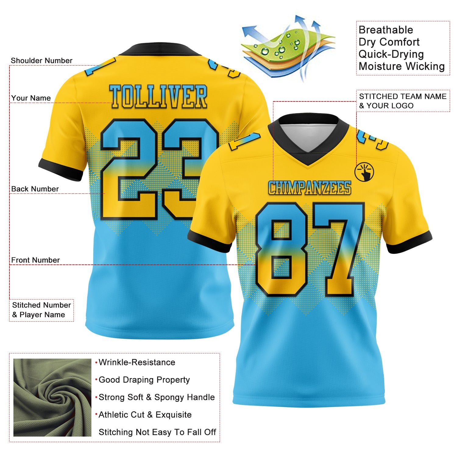 Custom Yellow Sky Blue-Black Authentic Gradient Square Shape 7V7 Flag Football Jersey view 2