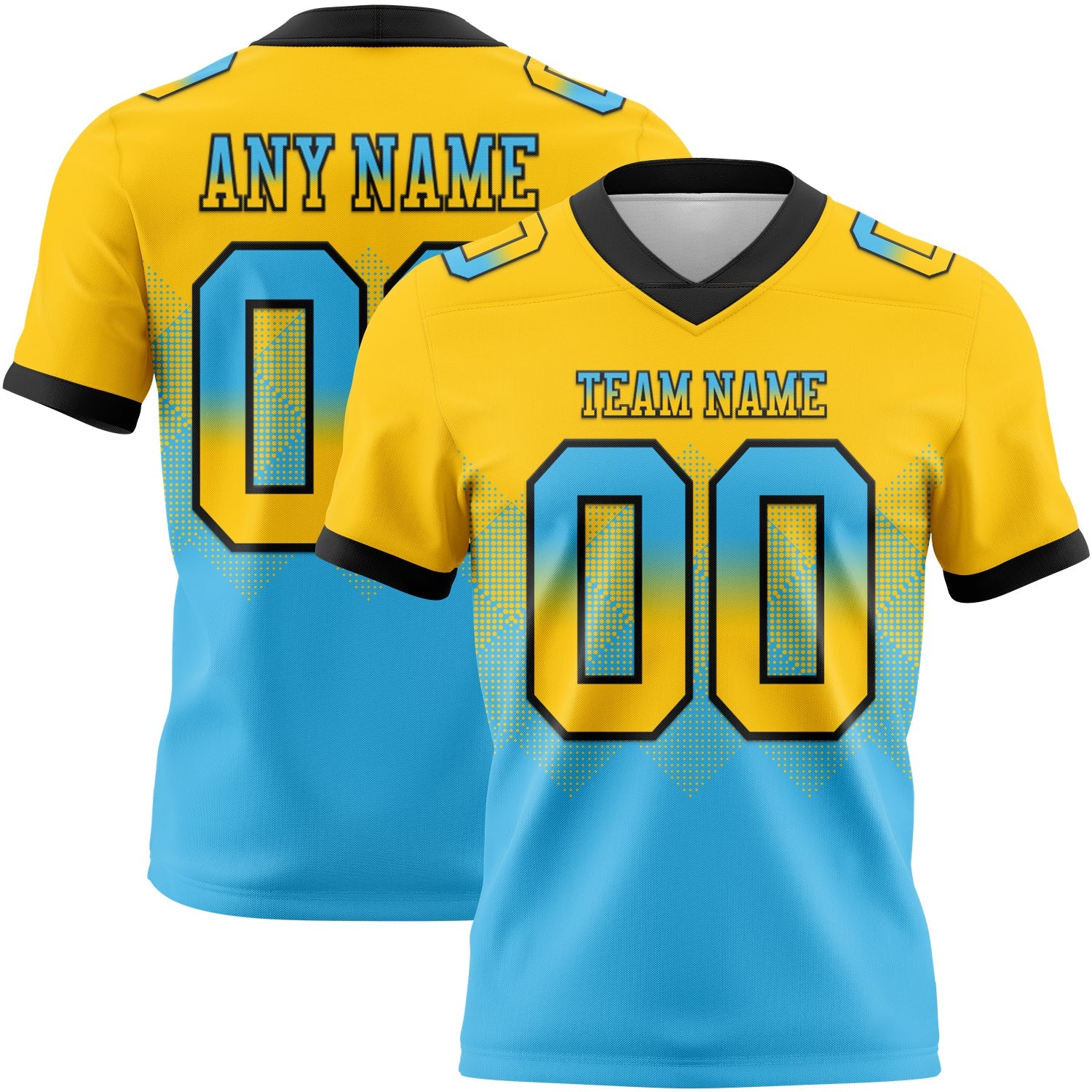 Custom Yellow Sky Blue-Black Authentic Gradient Square Shape 7V7 Flag Football Jersey - Main View
