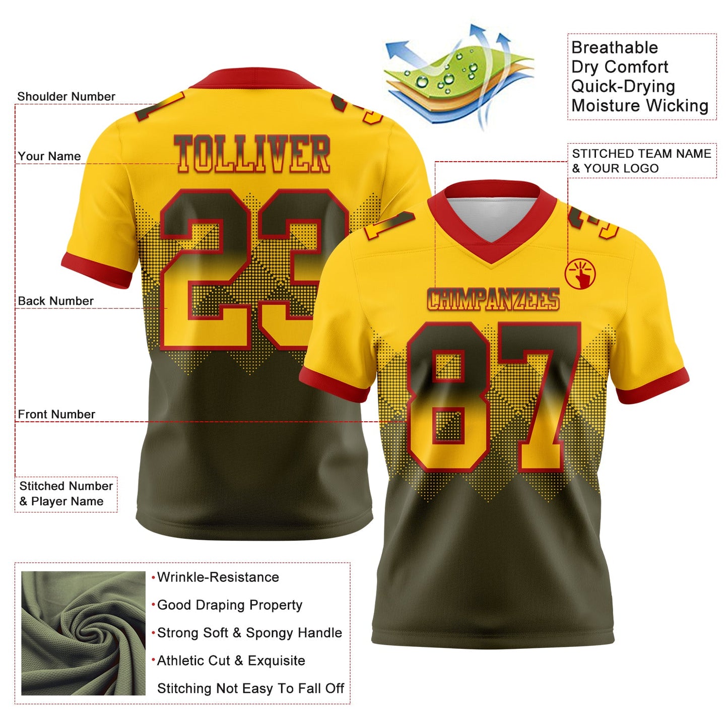 Custom Yellow Olive-Red Authentic Gradient Square Shape 7V7 Flag Football Jersey view 2