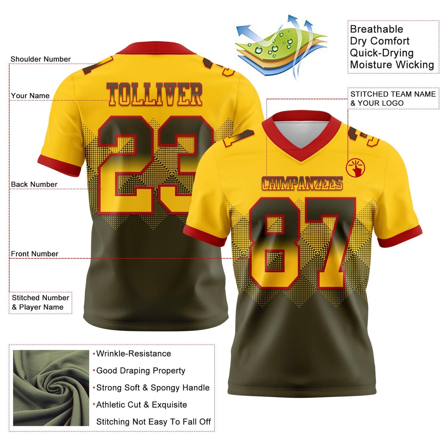 Custom Yellow Olive-Red Authentic Gradient Square Shape 7V7 Flag Football Jersey view 2