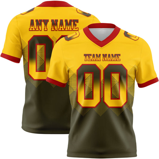 Custom Yellow Olive-Red Authentic Gradient Square Shape 7V7 Flag Football Jersey - Main View
