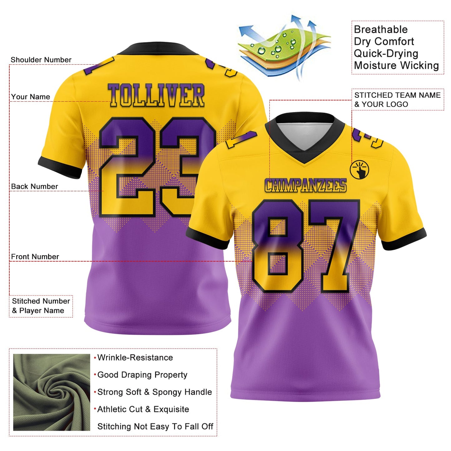 Custom Yellow Medium Purple-Black Authentic Gradient Square Shape 7V7 Flag Football Jersey view 2