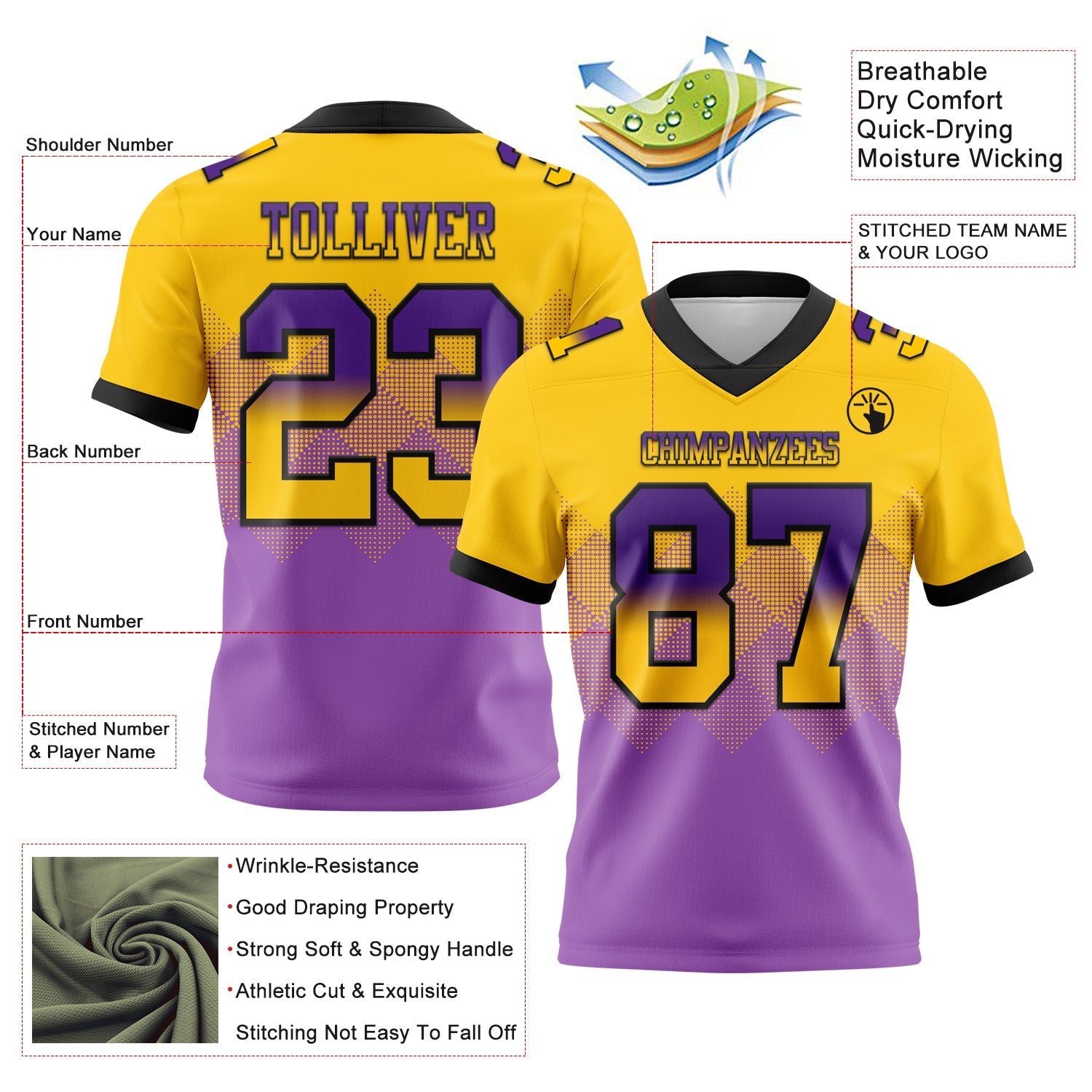 Custom Yellow Medium Purple-Black Authentic Gradient Square Shape 7V7 Flag Football Jersey view 2