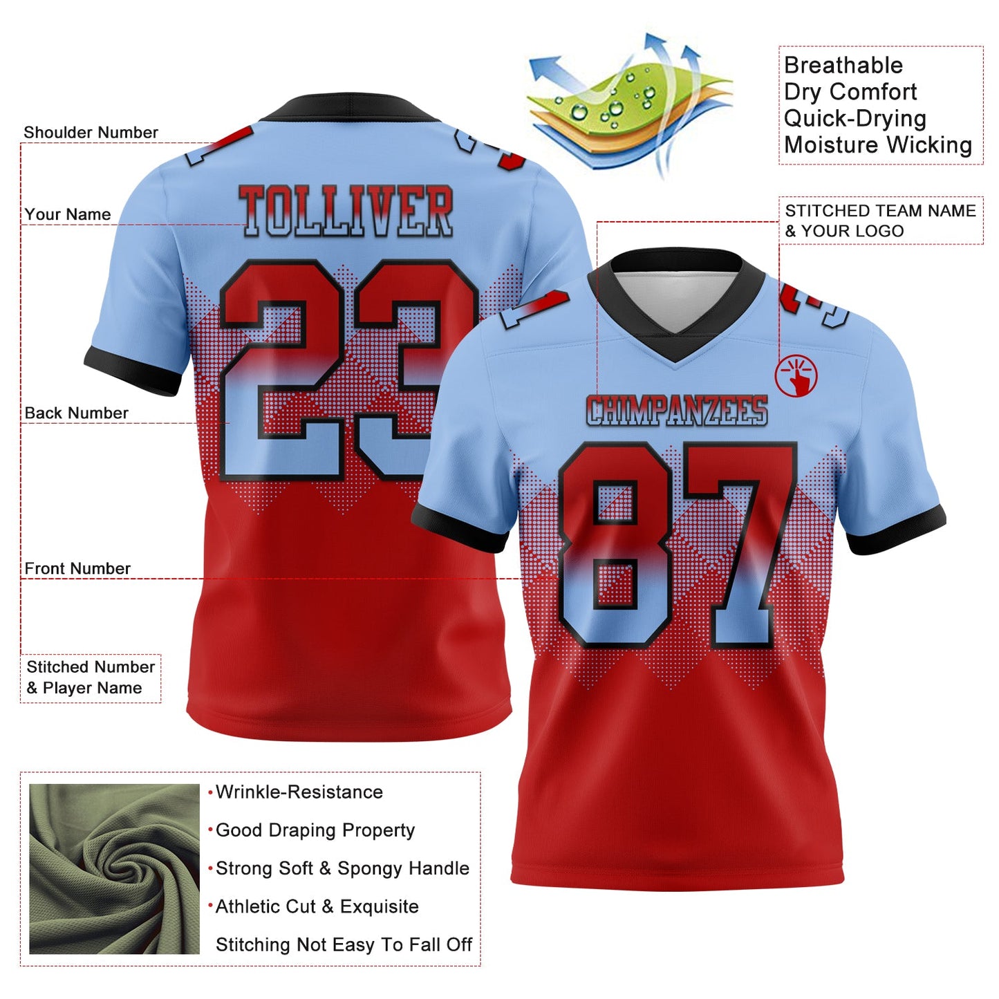 Custom Light Blue Red-Black Authentic Gradient Square Shape 7V7 Flag Football Jersey view 2