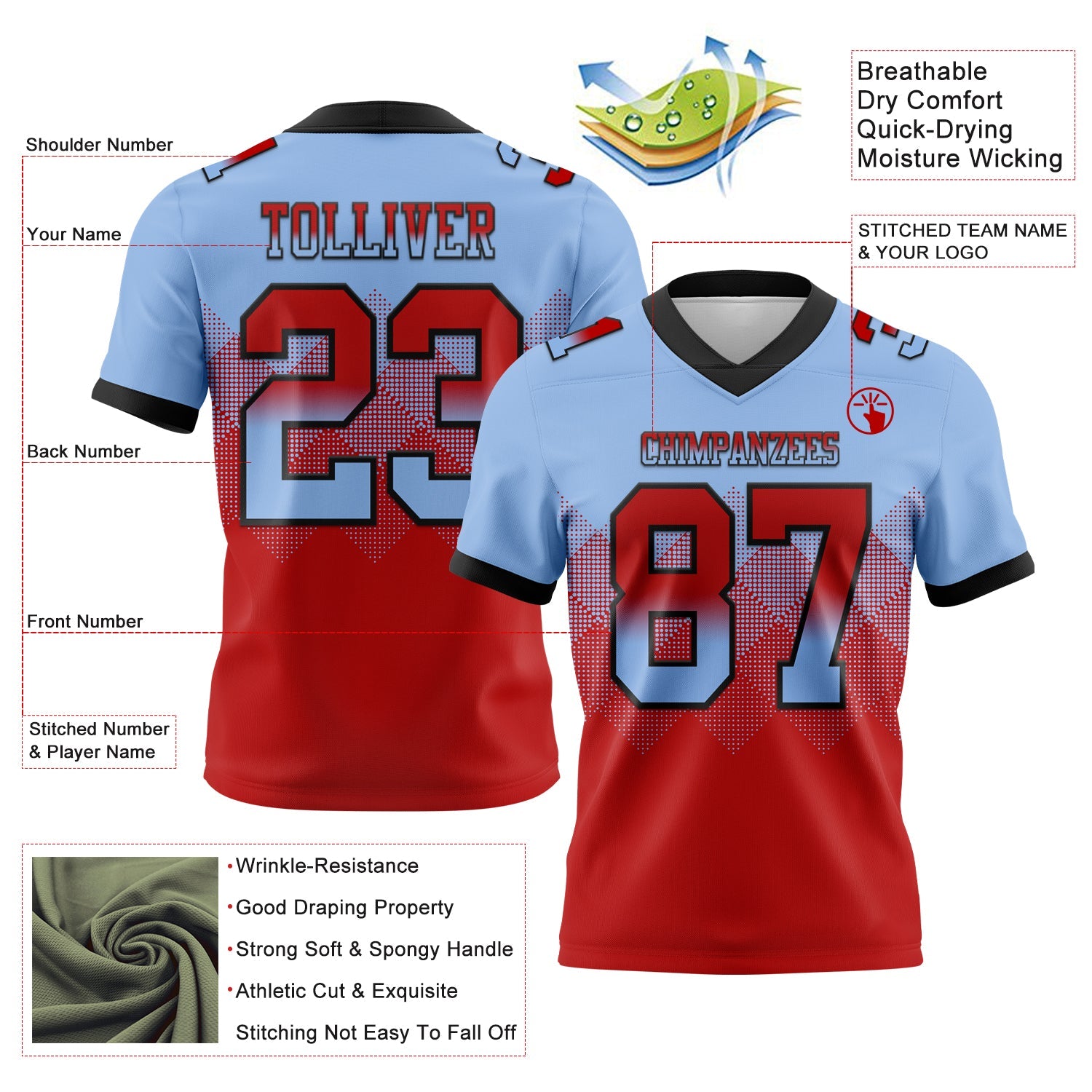 Custom Light Blue Red-Black Authentic Gradient Square Shape 7V7 Flag Football Jersey view 2