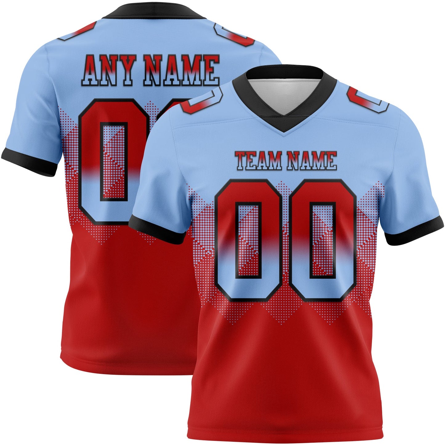 Custom Light Blue Red-Black Authentic Gradient Square Shape 7V7 Flag Football Jersey - Main View