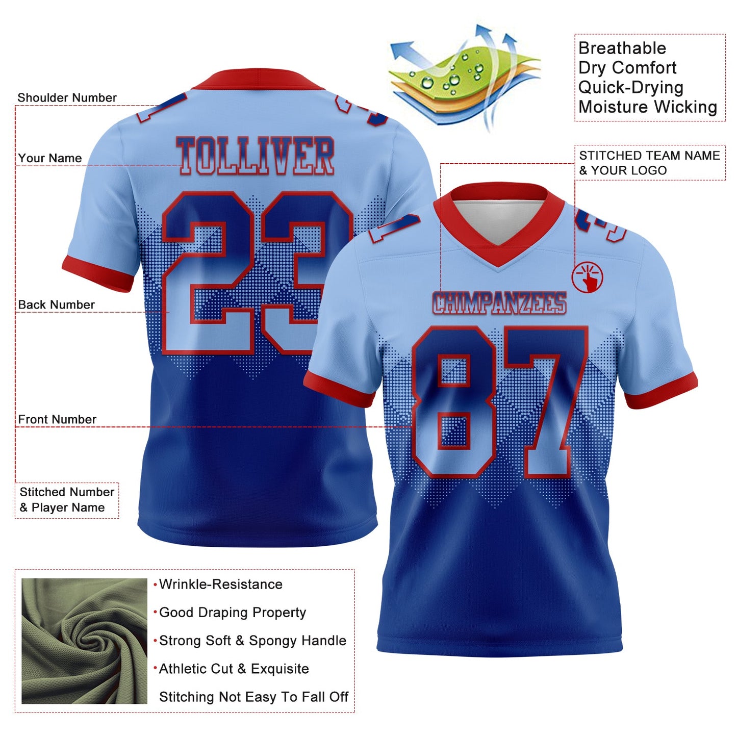 Custom Light Blue Royal-Red Authentic Gradient Square Shape 7V7 Flag Football Jersey view 2