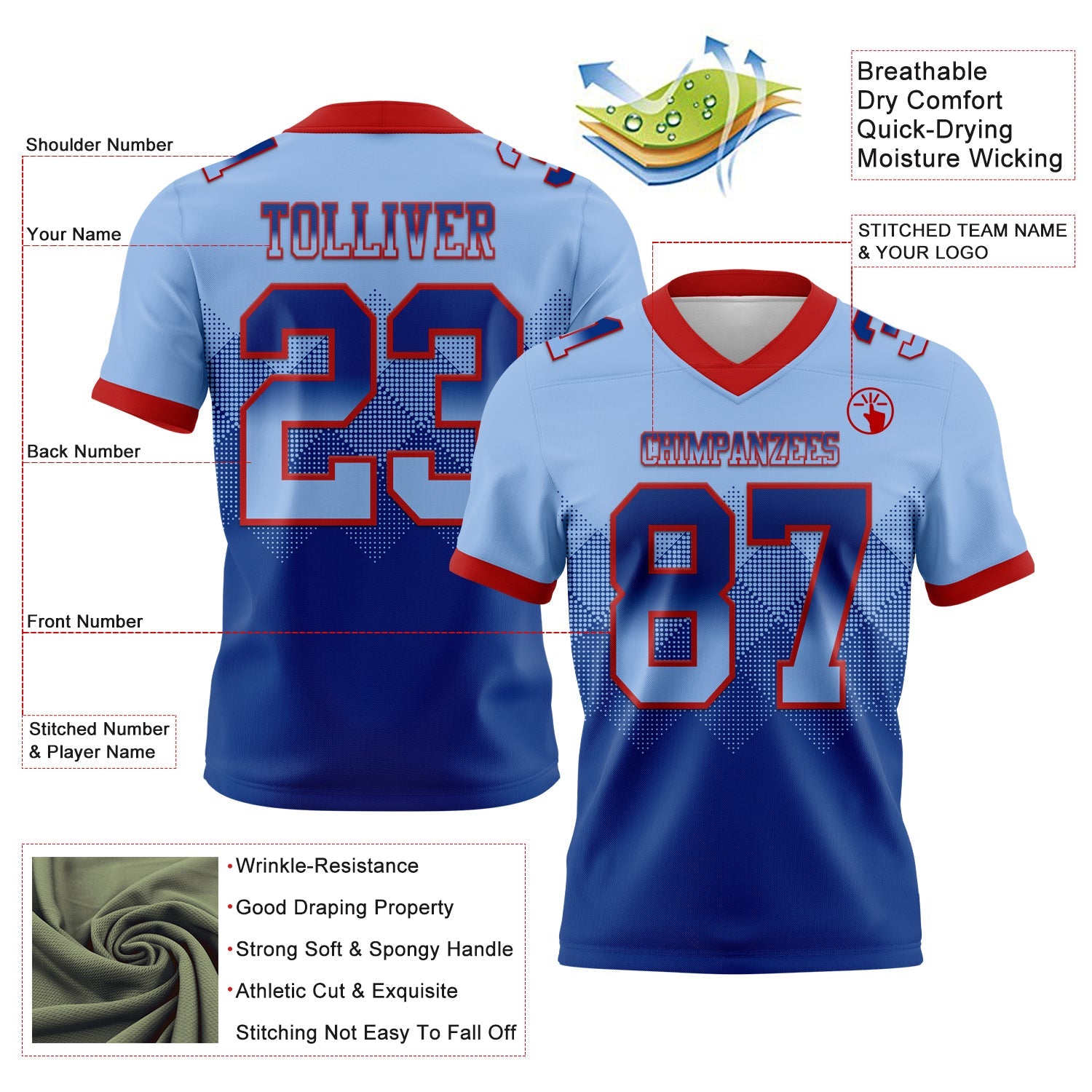 Custom Light Blue Royal-Red Authentic Gradient Square Shape 7V7 Flag Football Jersey view 2