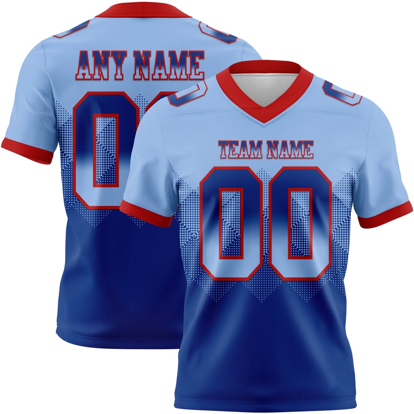 Custom Light Blue Royal-Red Authentic Gradient Square Shape 7V7 Flag Football Jersey - Main View
