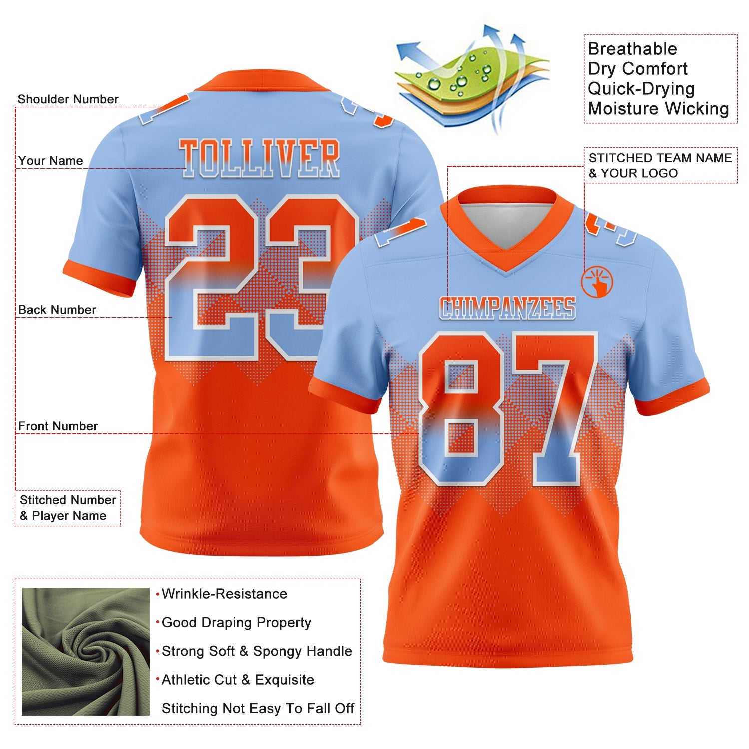 Custom Light Blue Orange-White Authentic Gradient Square Shape 7V7 Flag Football Jersey view 2
