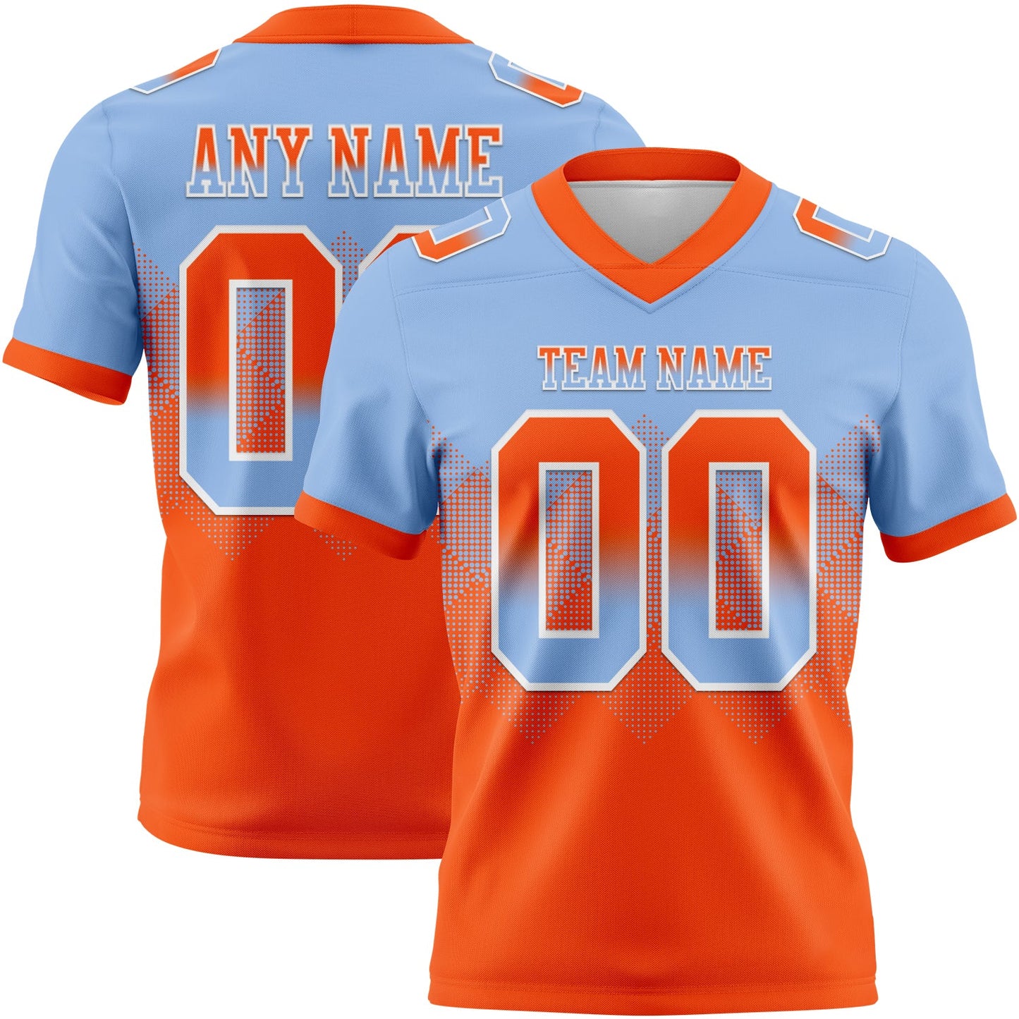 Custom Light Blue Orange-White Authentic Gradient Square Shape 7V7 Flag Football Jersey - Main View