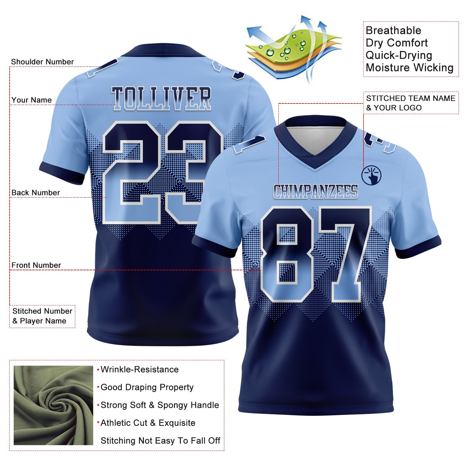 Custom Light Blue Navy-White Authentic Gradient Square Shape 7V7 Flag Football Jersey view 2