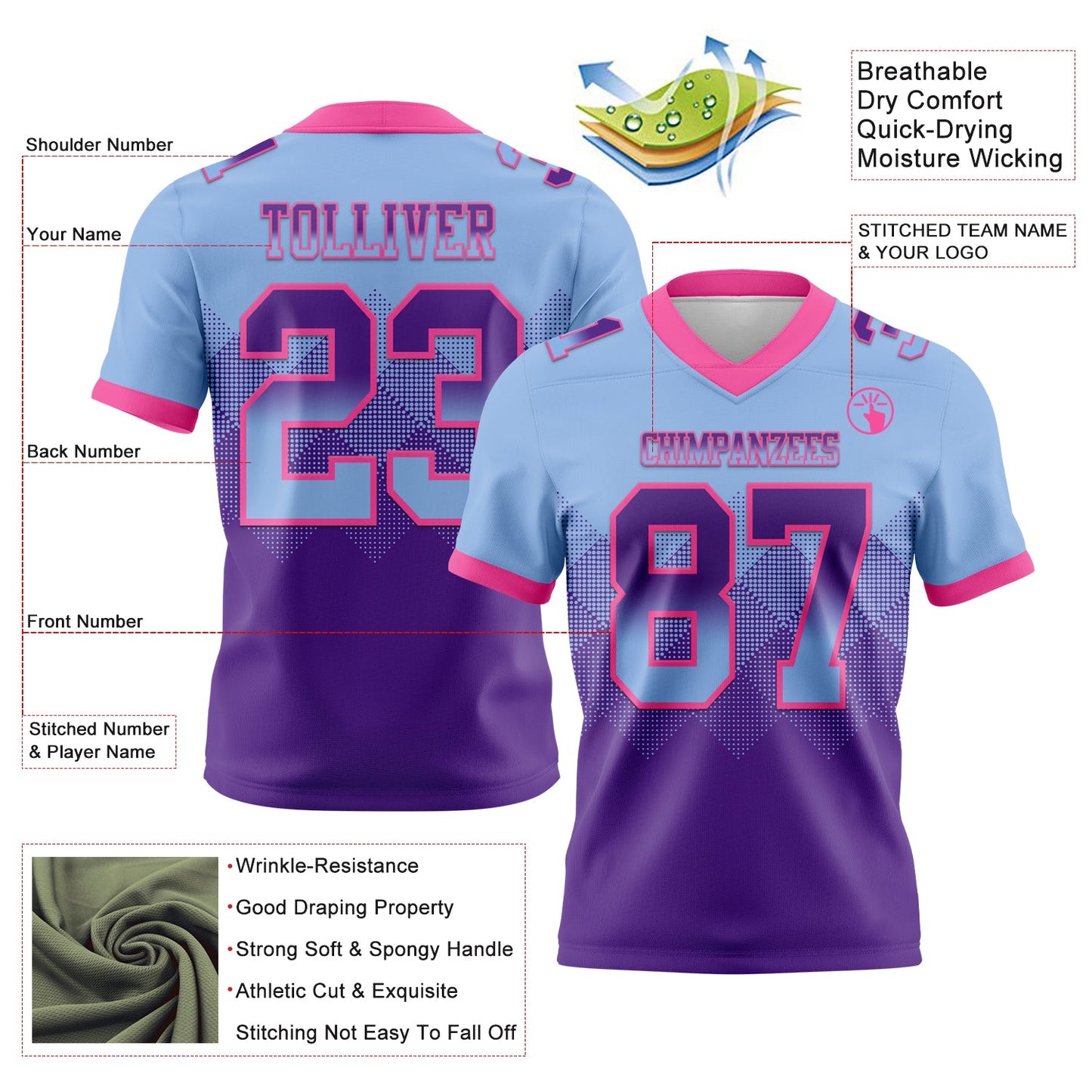 Custom Light Blue Purple-Pink Authentic Gradient Square Shape 7V7 Flag Football Jersey view 2