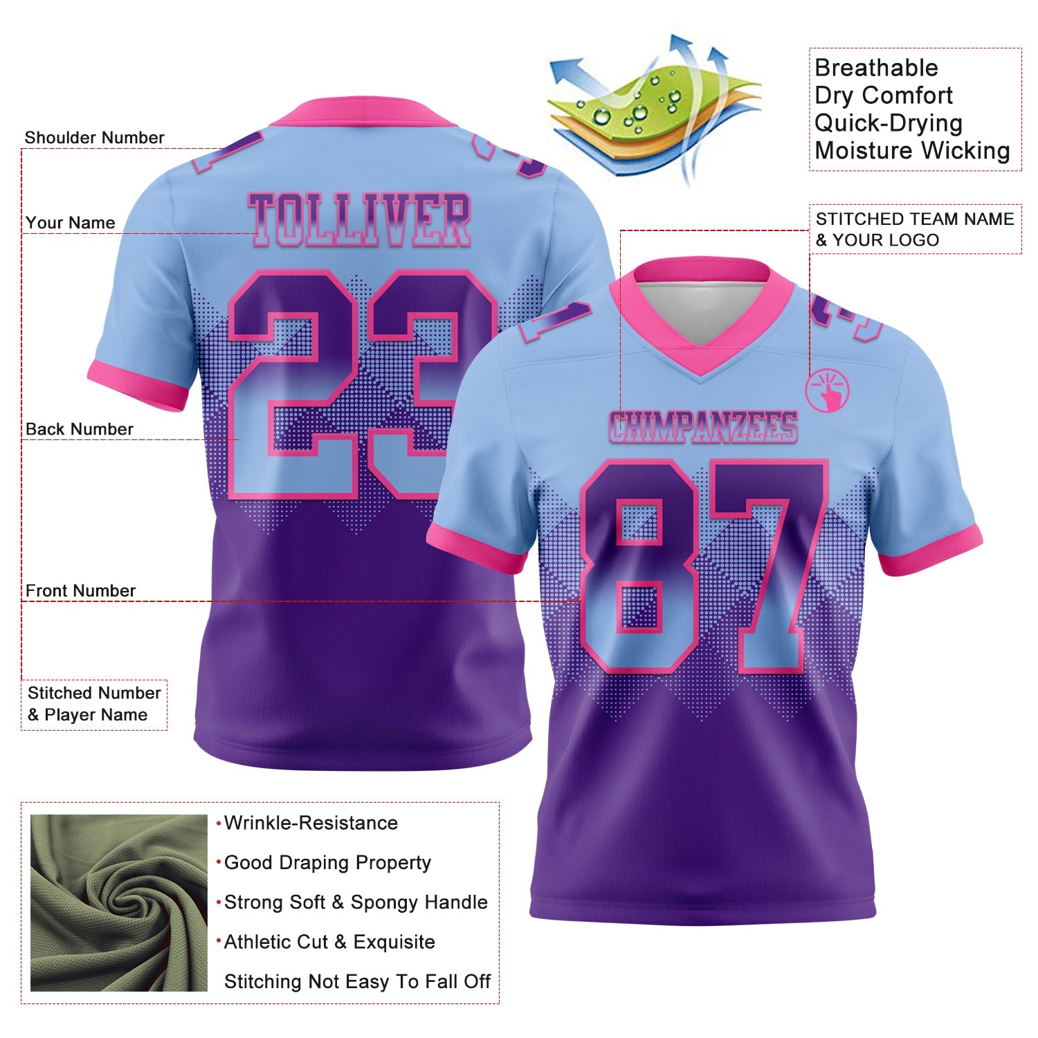 Custom Light Blue Purple-Pink Authentic Gradient Square Shape 7V7 Flag Football Jersey view 2