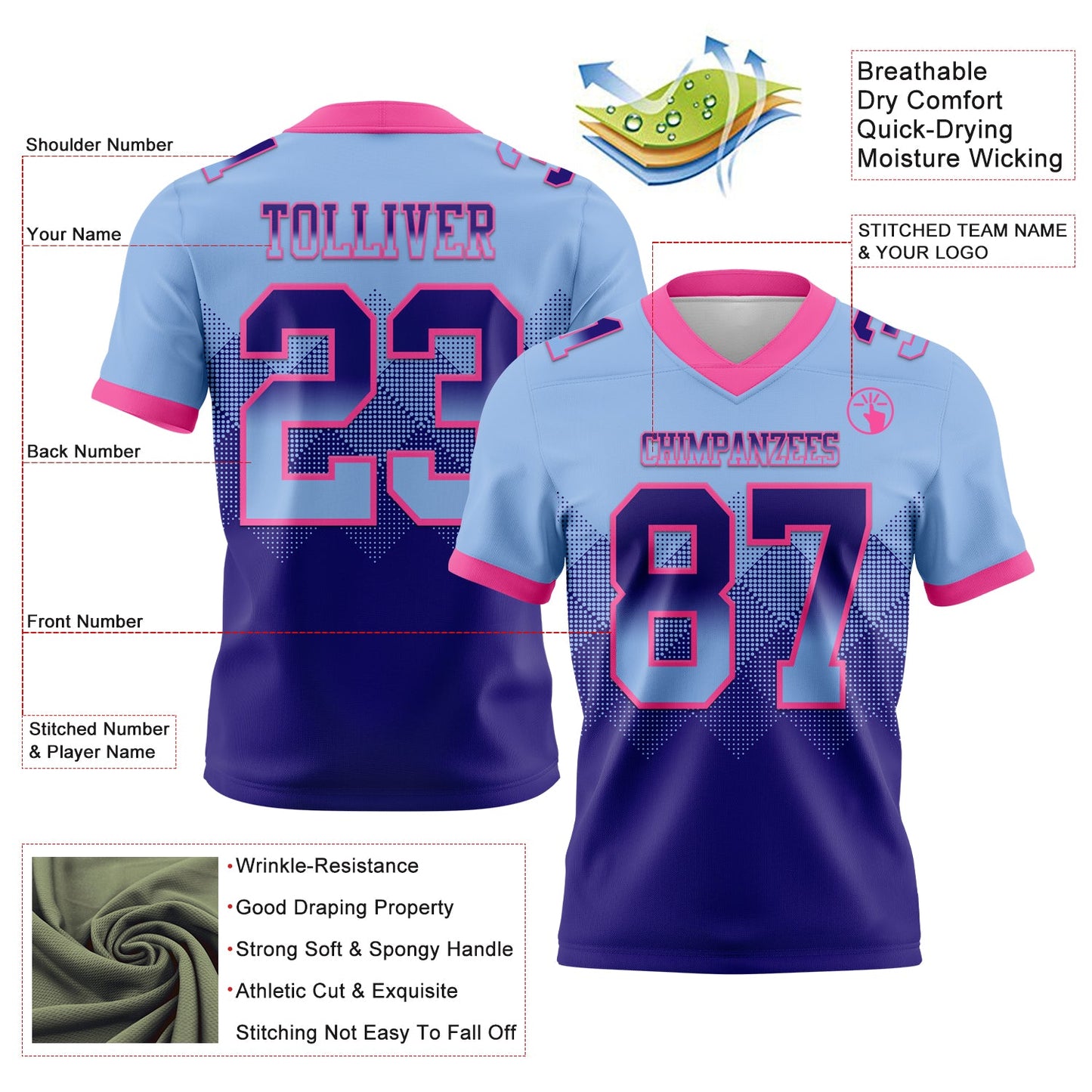 Custom Light Blue Dark Purple-Pink Authentic Gradient Square Shape 7V7 Flag Football Jersey view 2