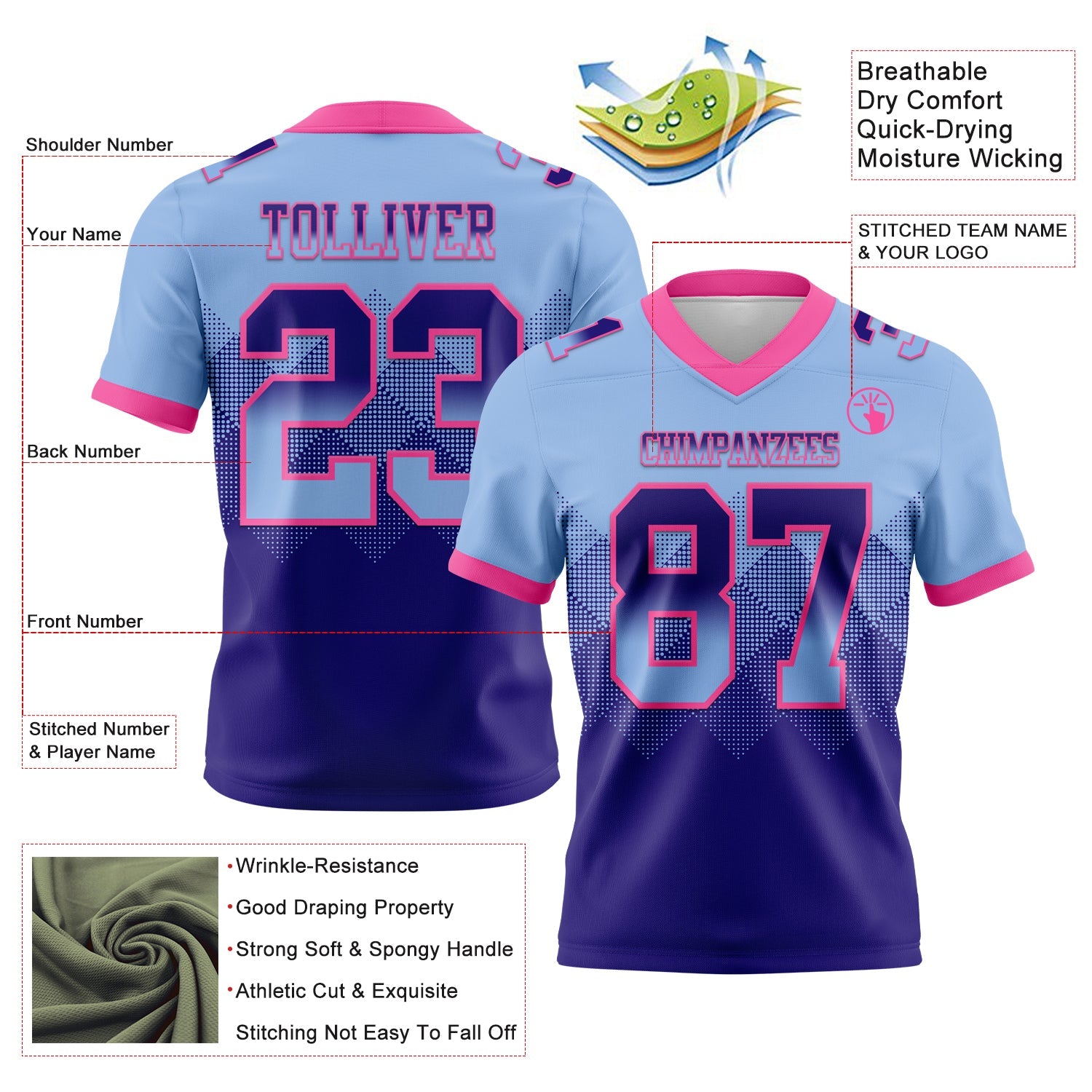 Custom Light Blue Dark Purple-Pink Authentic Gradient Square Shape 7V7 Flag Football Jersey view 2