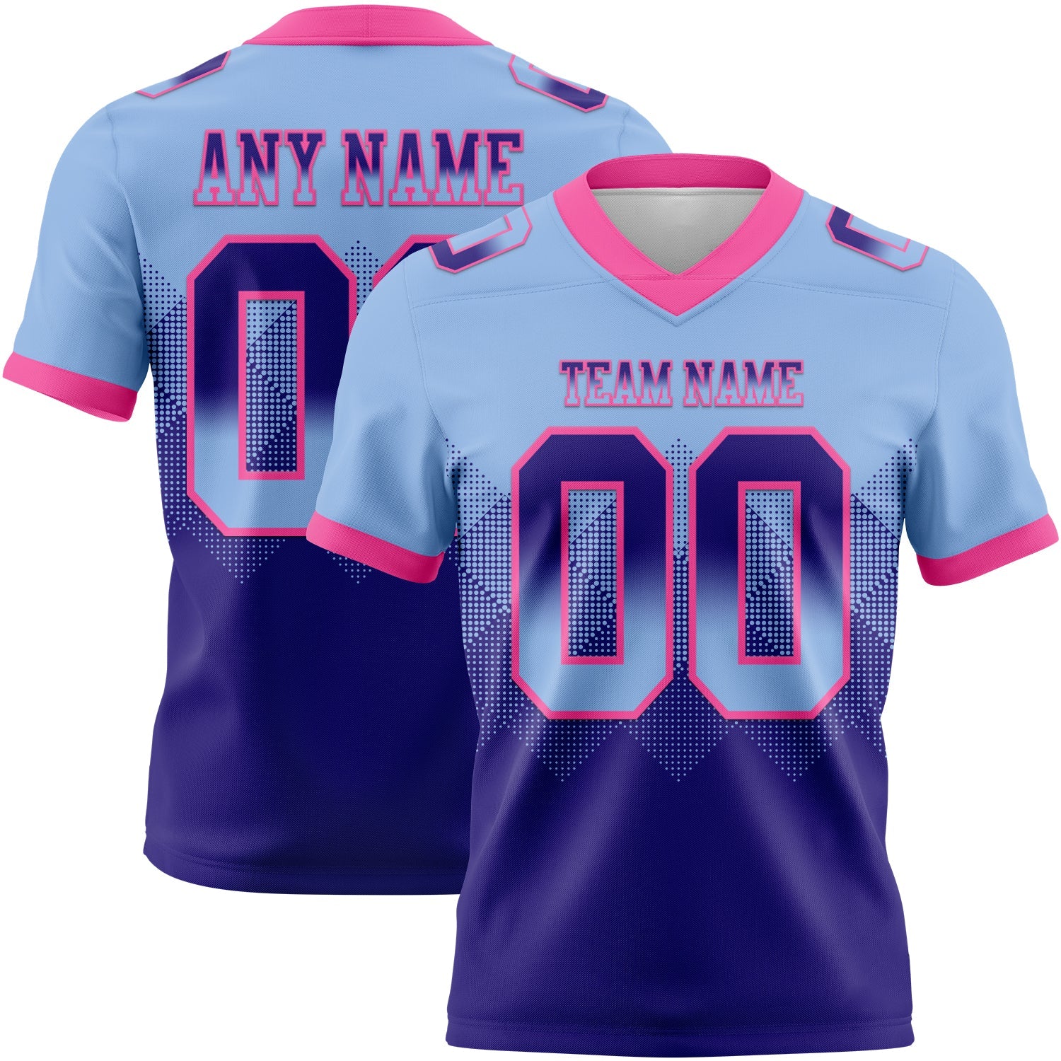 Custom Light Blue Dark Purple-Pink Authentic Gradient Square Shape 7V7 Flag Football Jersey - Main View