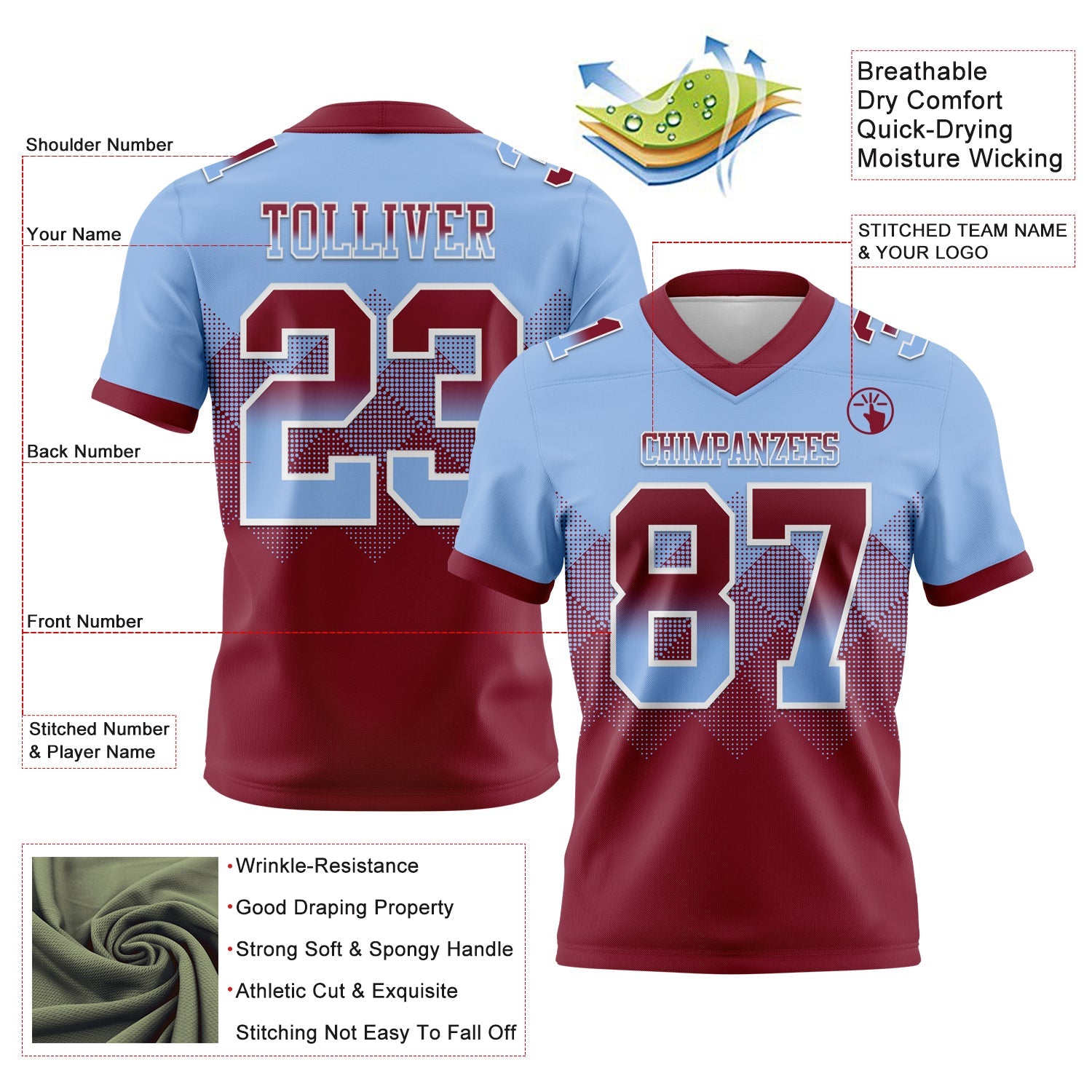 Custom Light Blue Crimson-White Authentic Gradient Square Shape 7V7 Flag Football Jersey view 2