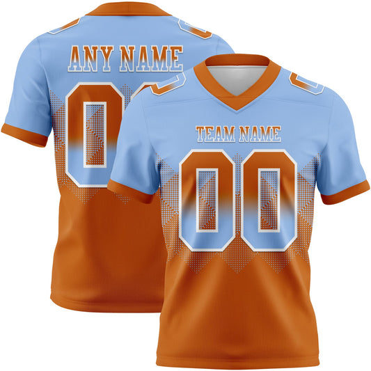 Custom Light Blue Texas Orange-White Authentic Gradient Square Shape 7V7 Flag Football Jersey - Main View