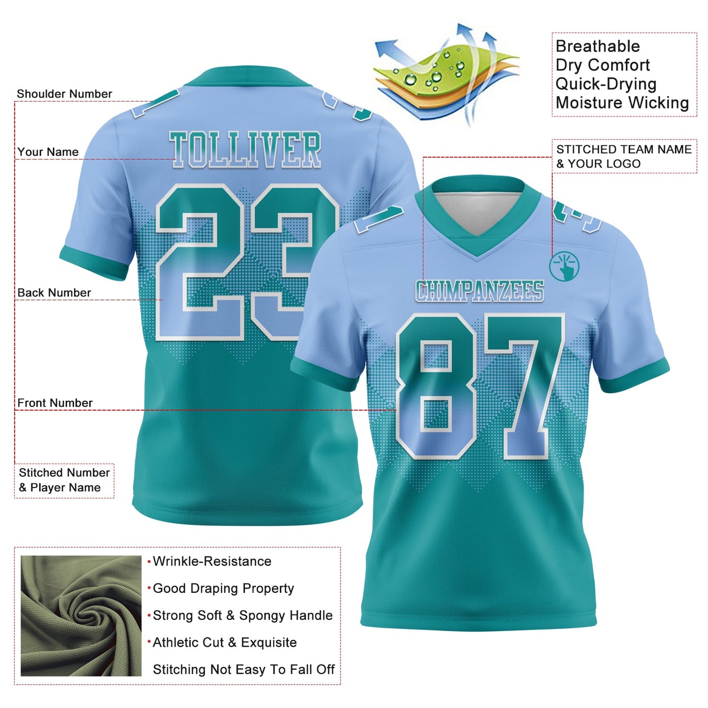 Custom Light Blue Teal-White Authentic Gradient Square Shape 7V7 Flag Football Jersey view 2