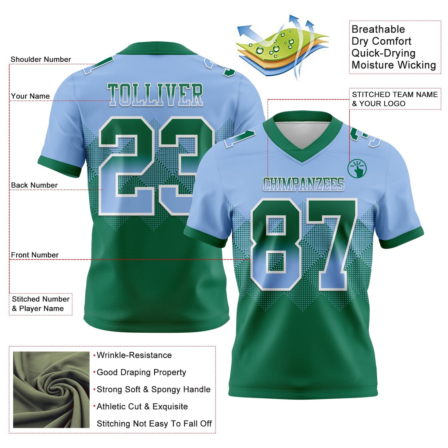 Custom Light Blue Kelly Green-White Authentic Gradient Square Shape 7V7 Flag Football Jersey view 2