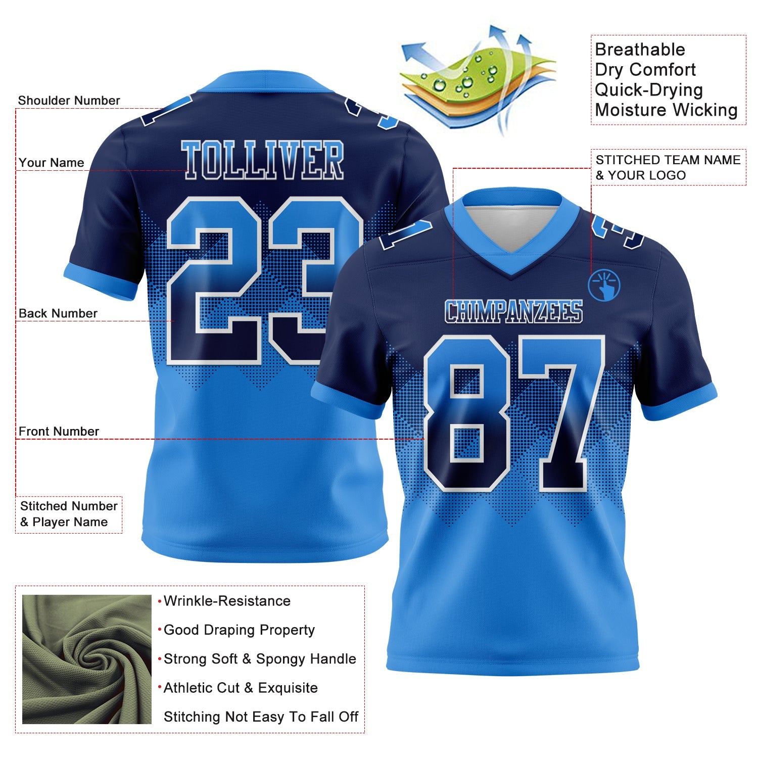 Custom Navy Powder Blue-White Authentic Gradient Square Shape 7V7 Flag Football Jersey view 2