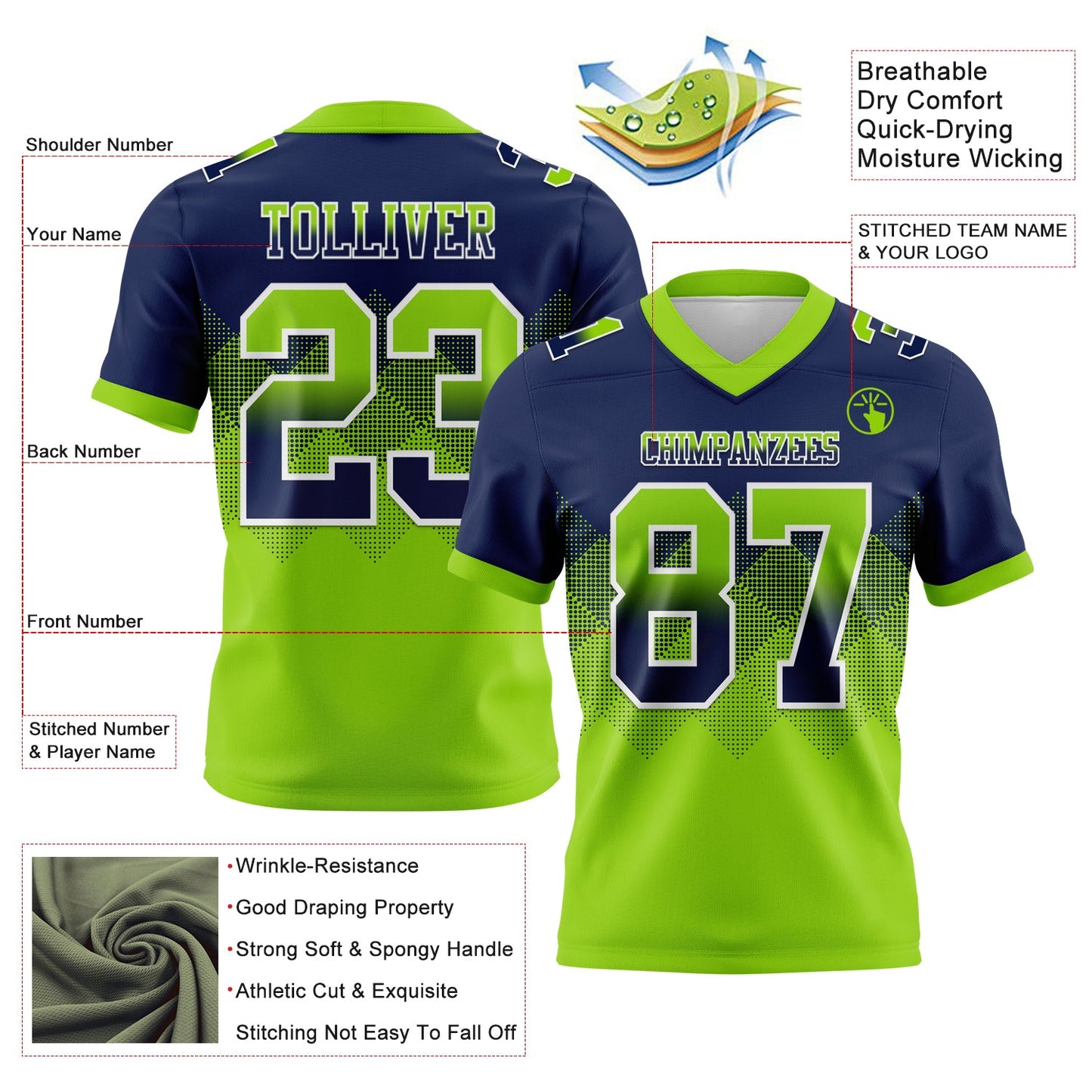 Custom Navy Neon Green-White Authentic Gradient Square Shape 7V7 Flag Football Jersey view 2
