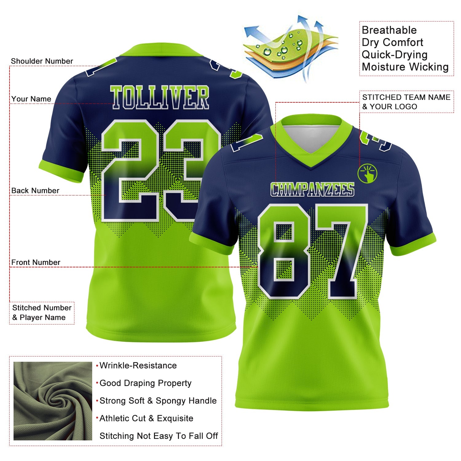 Custom Navy Neon Green-White Authentic Gradient Square Shape 7V7 Flag Football Jersey view 2