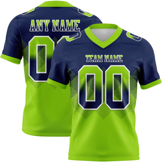 Custom Navy Neon Green-White Authentic Gradient Square Shape 7V7 Flag Football Jersey - Main View