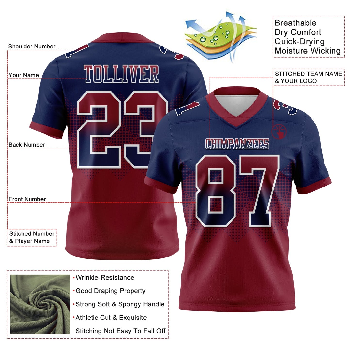 Custom Navy Crimson-White Authentic Gradient Square Shape 7V7 Flag Football Jersey view 2