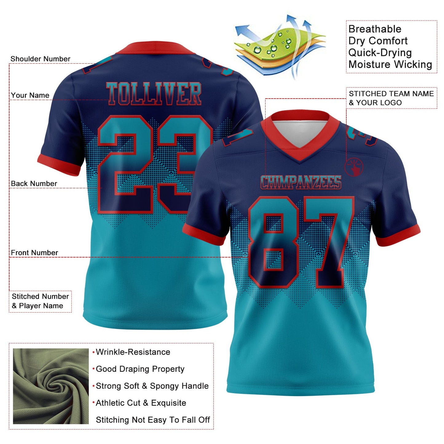 Custom Navy Teal-Red Authentic Gradient Square Shape 7V7 Flag Football Jersey view 2