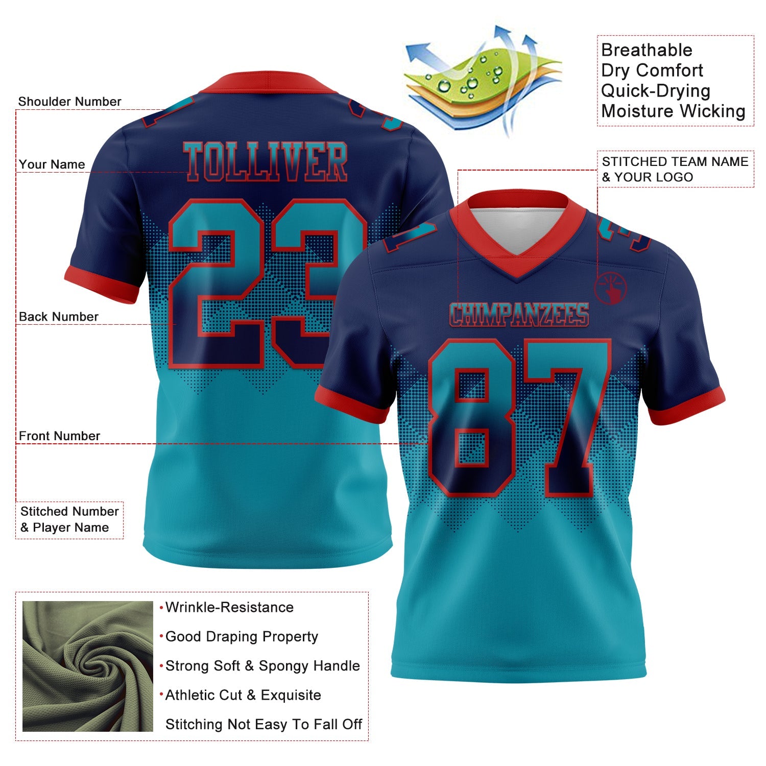 Custom Navy Teal-Red Authentic Gradient Square Shape 7V7 Flag Football Jersey view 2