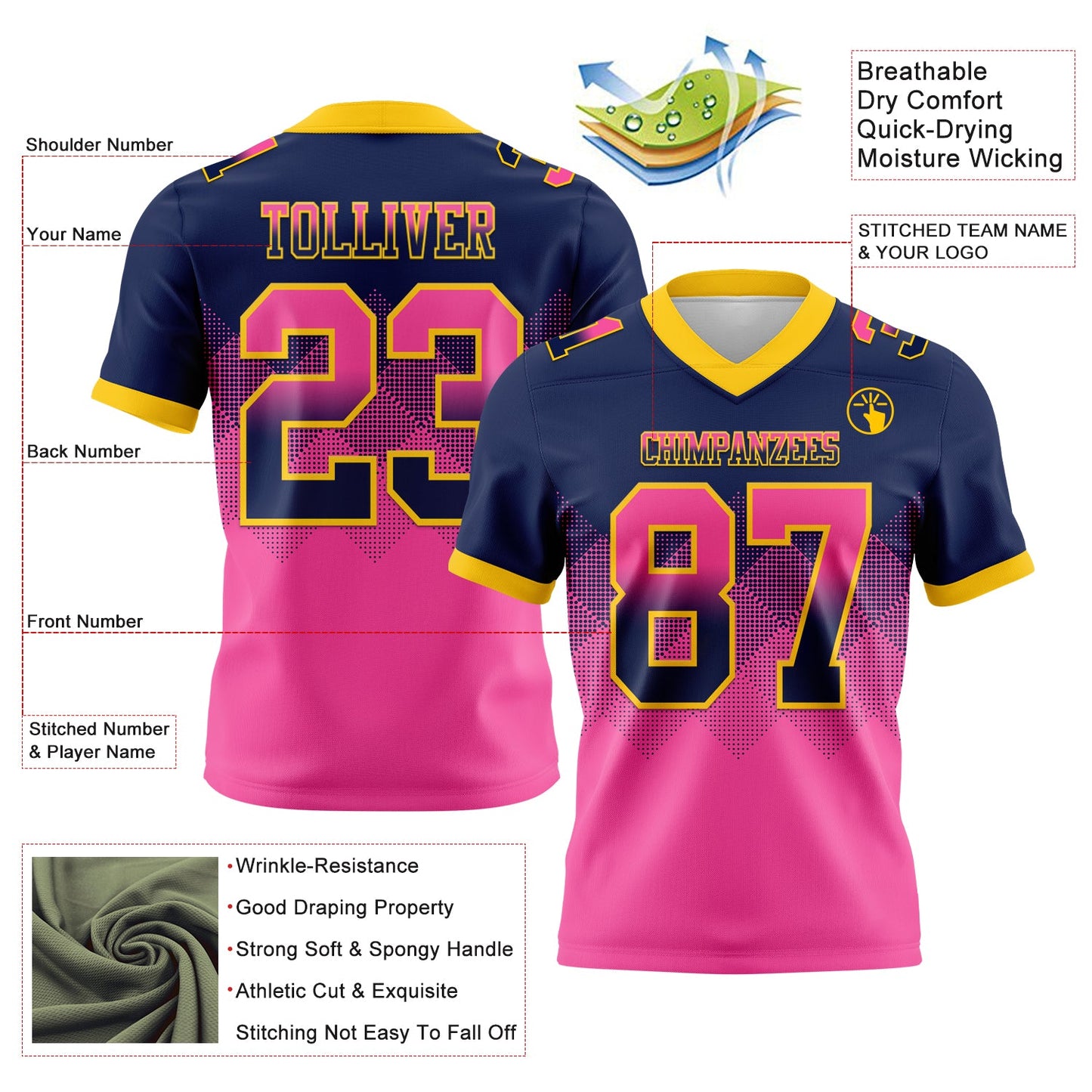 Custom Navy Pink-Yellow Authentic Gradient Square Shape 7V7 Flag Football Jersey view 2