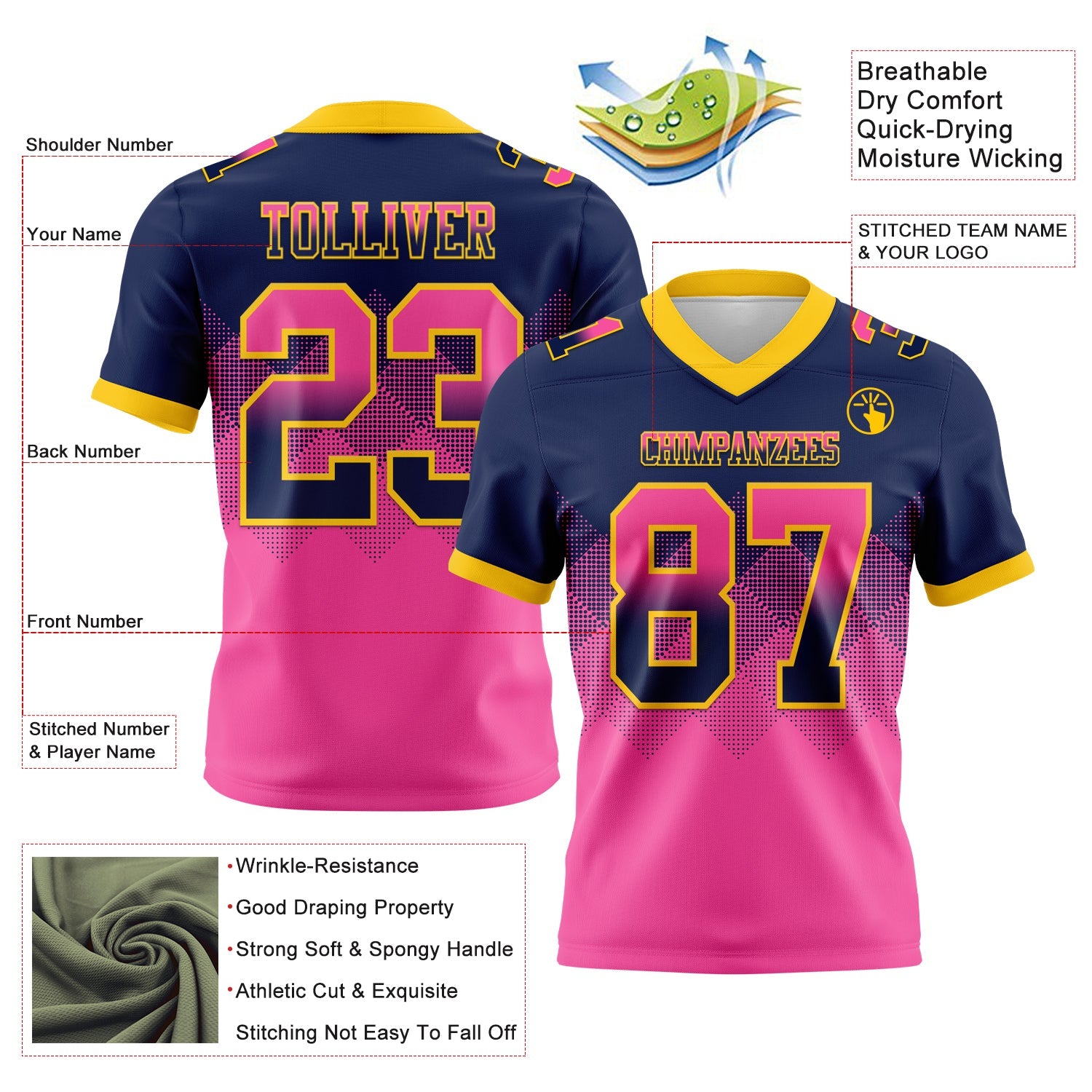 Custom Navy Pink-Yellow Authentic Gradient Square Shape 7V7 Flag Football Jersey view 2